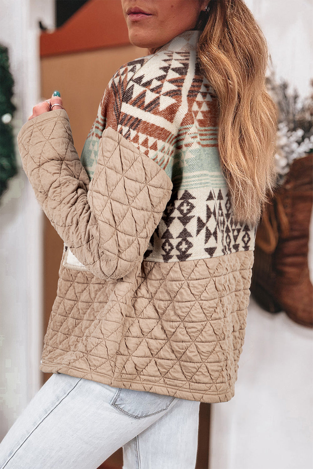Light French Beige Aztec Quilted Patchwork Western Fashion Jacket