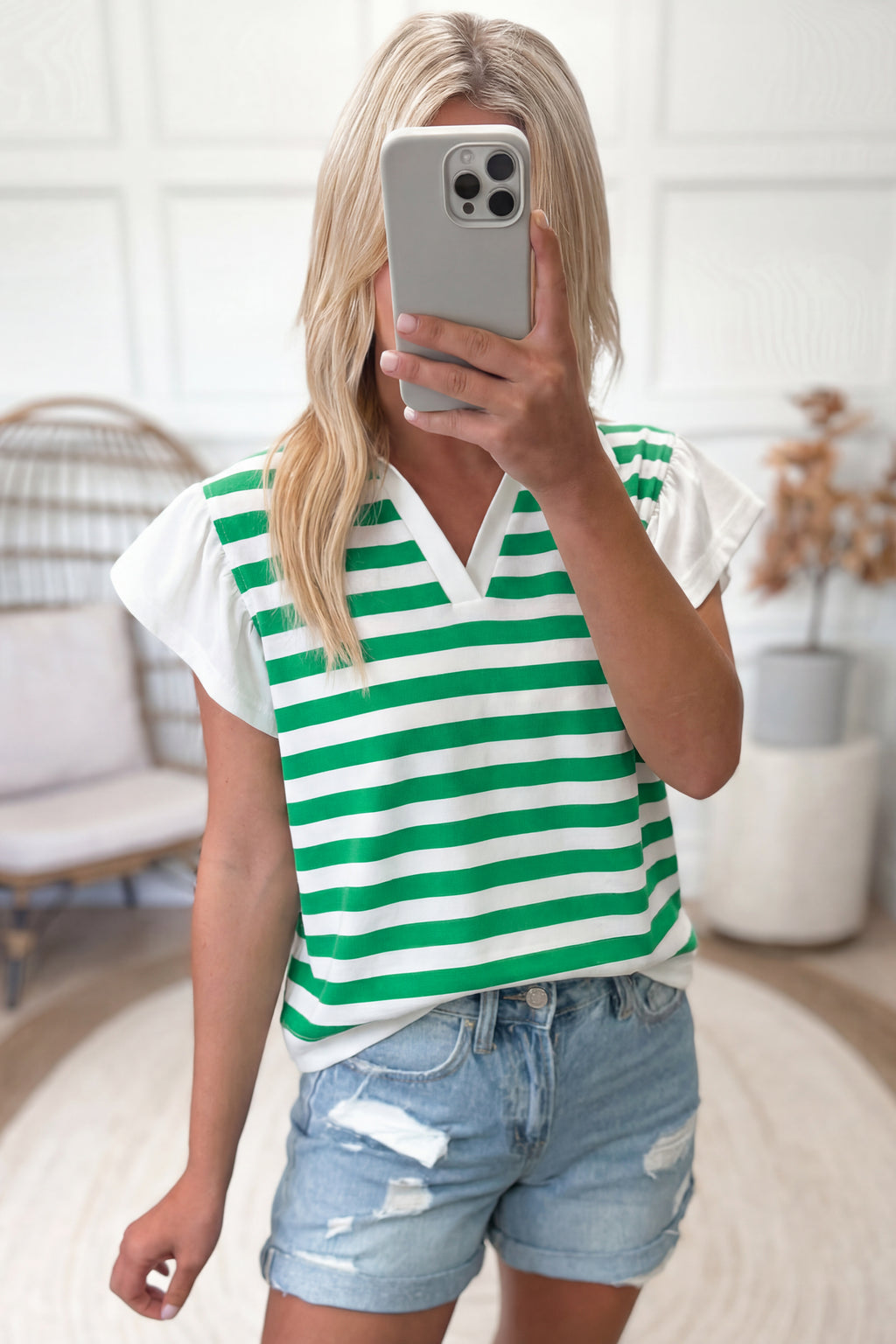 Pink Stripe Collar V Neck Ruffled Short Sleeve Blouse