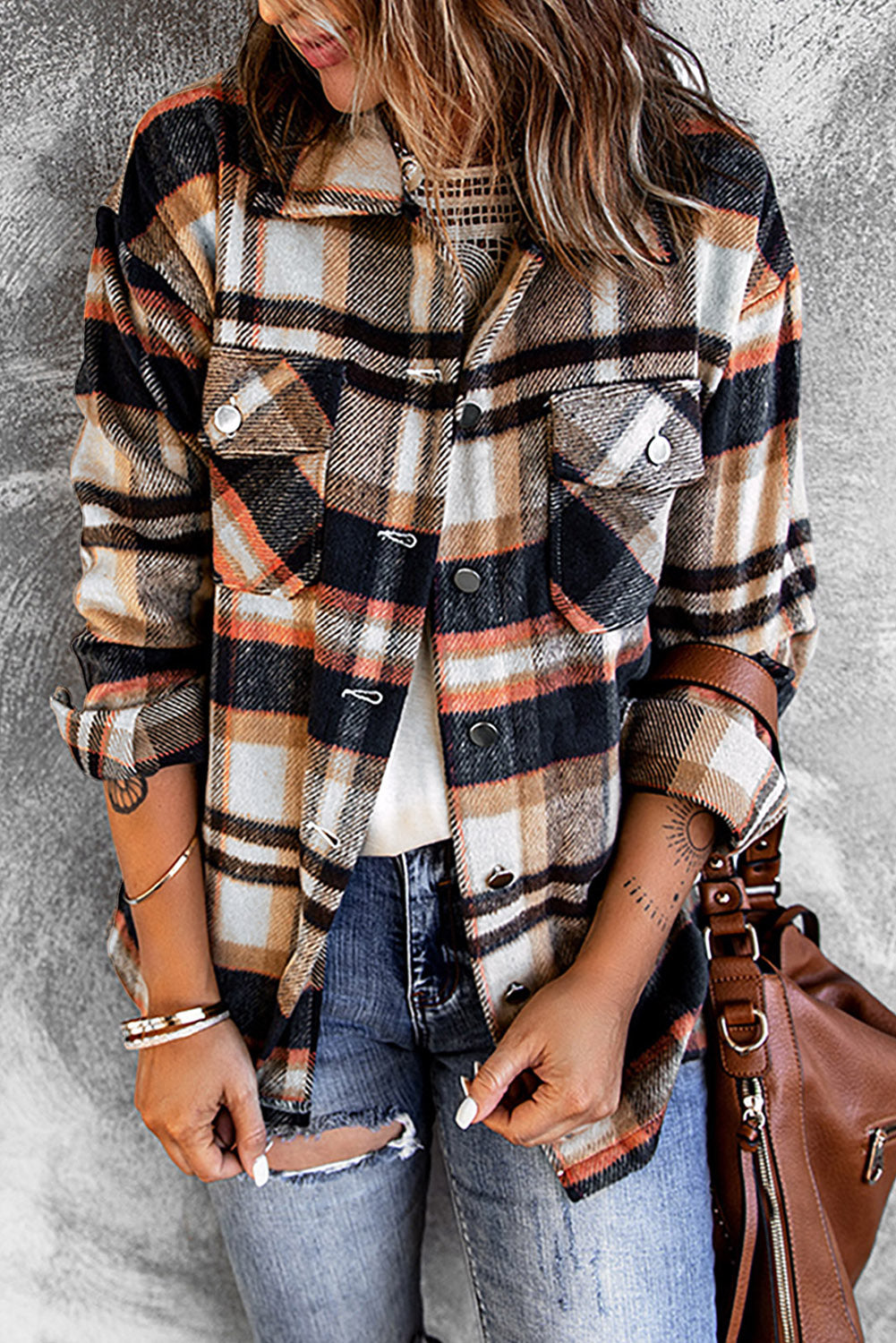 Khaki Geometric Plaid Print Pocketed Shacket