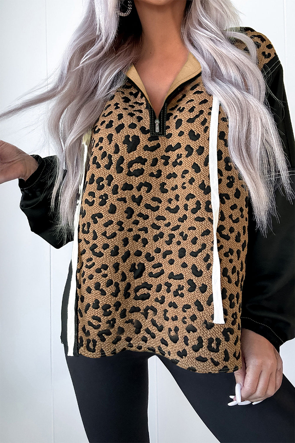 Brown Leopard Patchwork Contrast Stitching Knotted Cuff Quarter Zip Hoodie