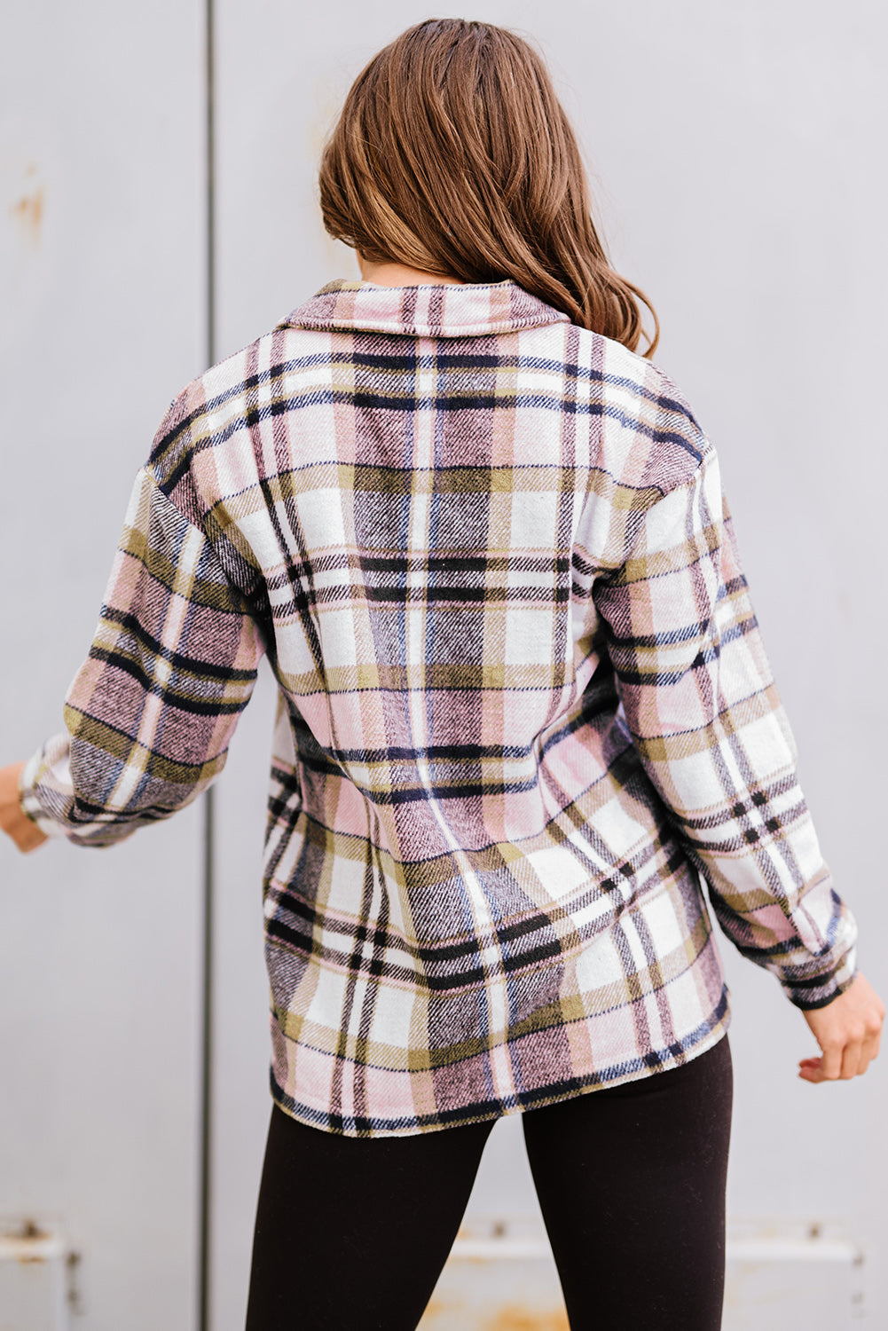 Khaki Geometric Plaid Print Pocketed Shacket