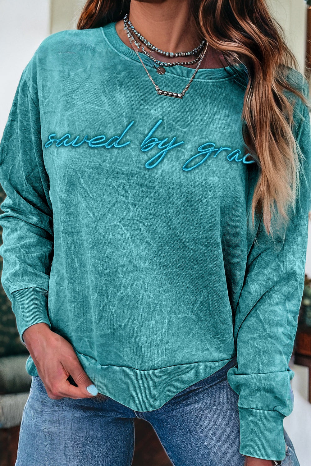 DUNE saved by grace Letter Embroidery Mineral Wash Loose Sweatshirt