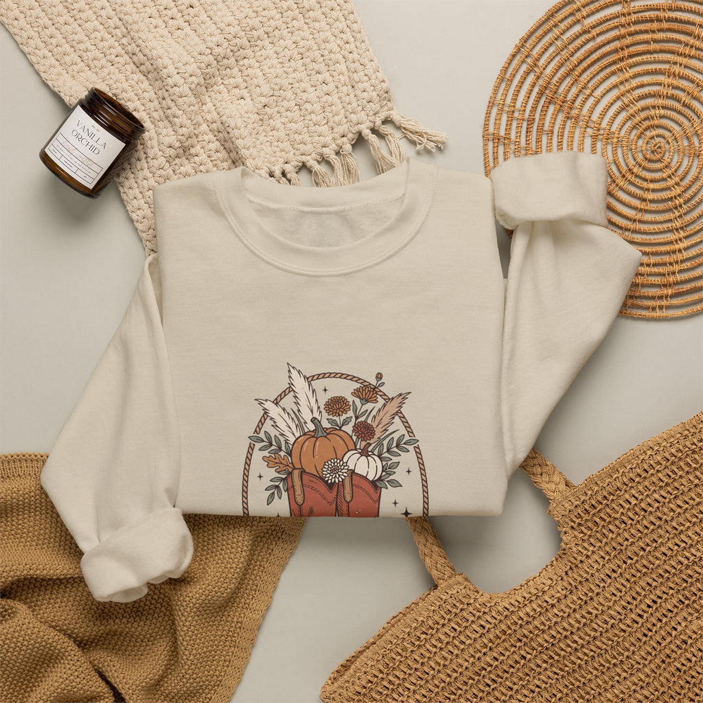 Boot Scootin' into Fall Pumpkin Crewneck Sweatshirt | Western Fall Aesthetic