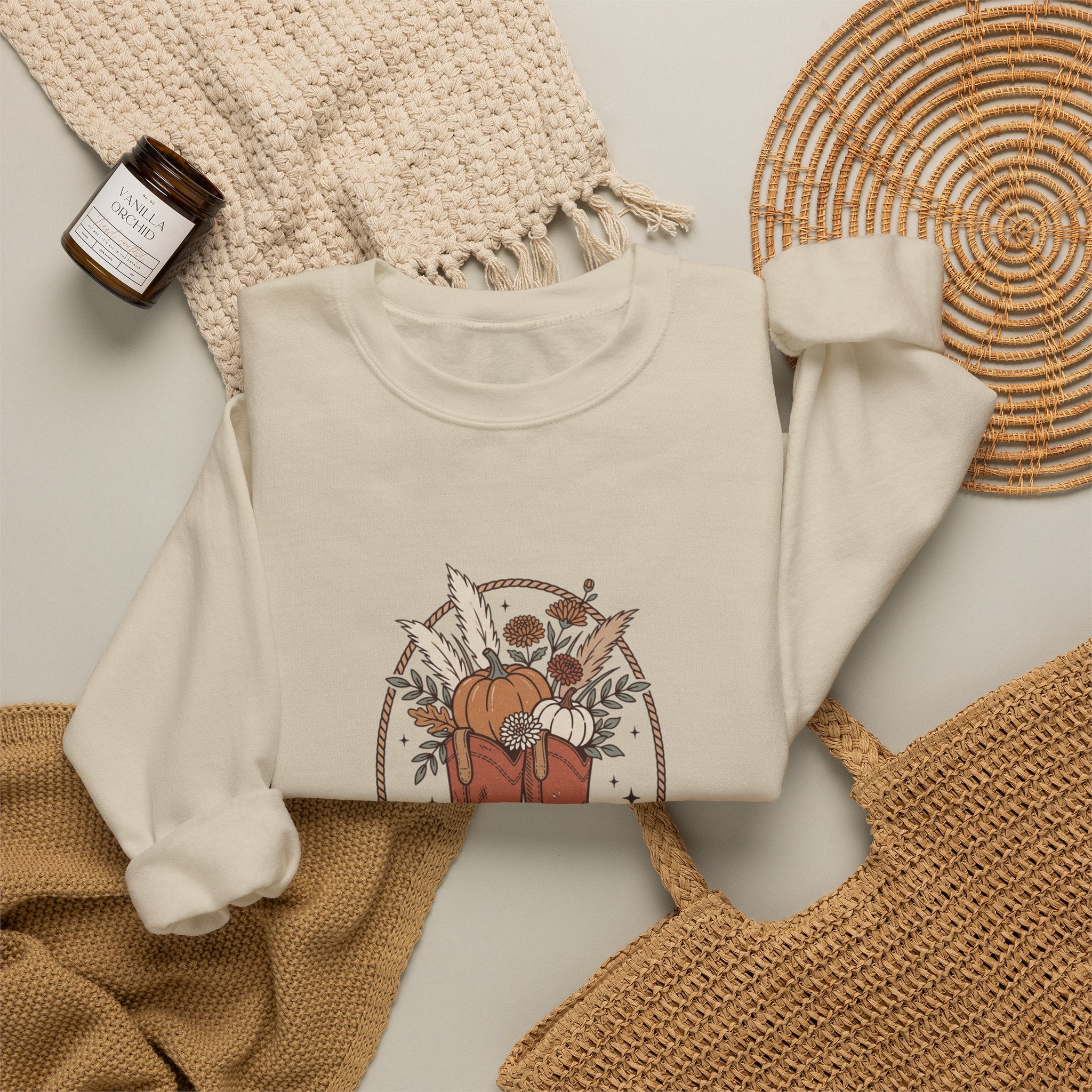 Boot Scootin' into Fall Pumpkin Crewneck Sweatshirt | Western Fall Aesthetic