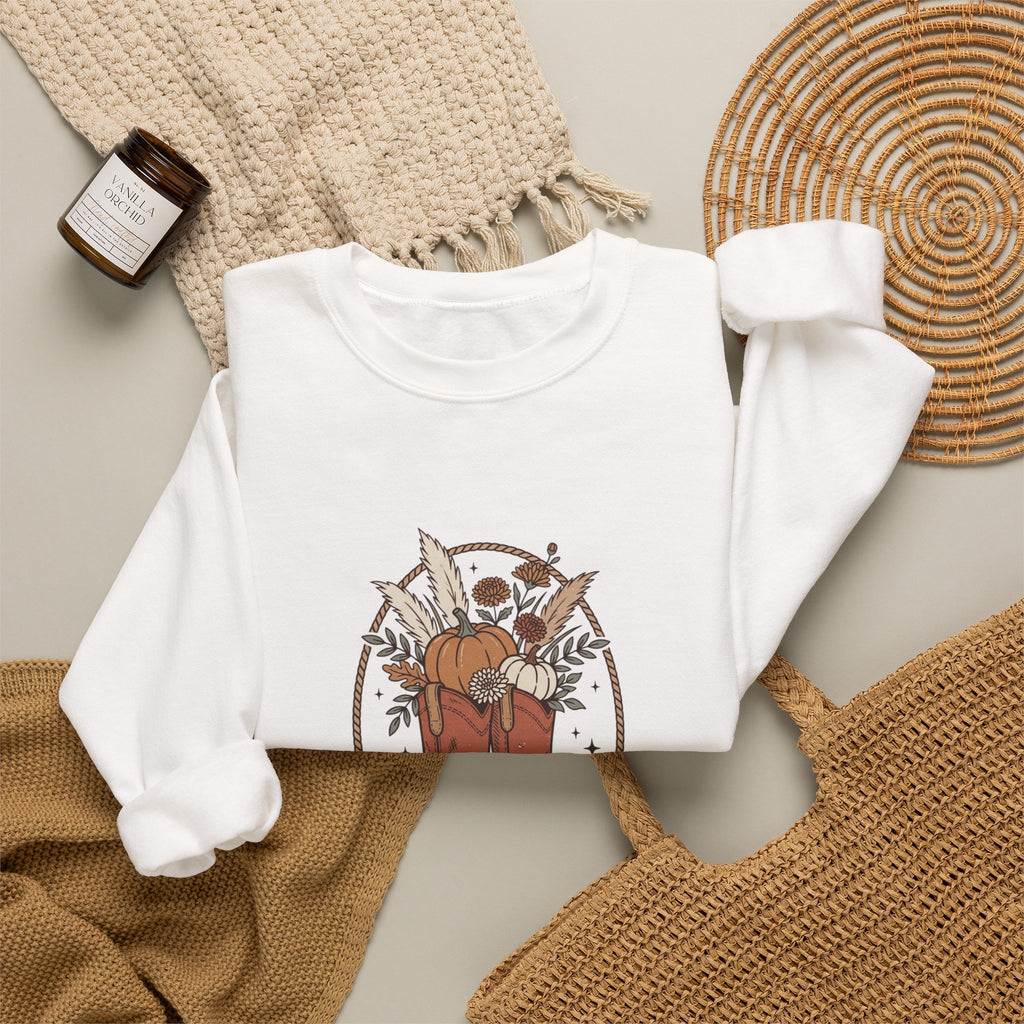 Boot Scootin' into Fall Pumpkin Crewneck Sweatshirt | Western Fall Aesthetic