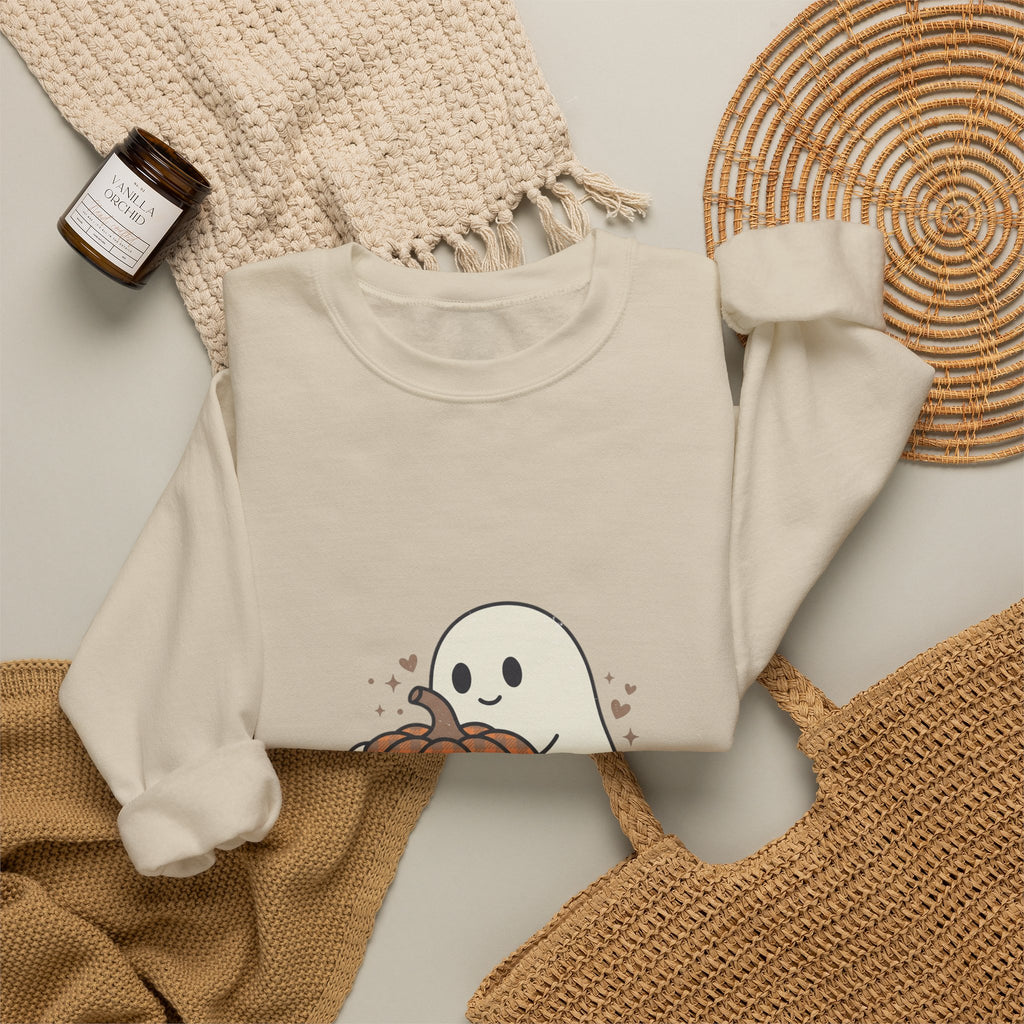 Cute Ghost Holding Pumpkin Sweatshirt | Pumpkin Halloween Fall Aesthetic
