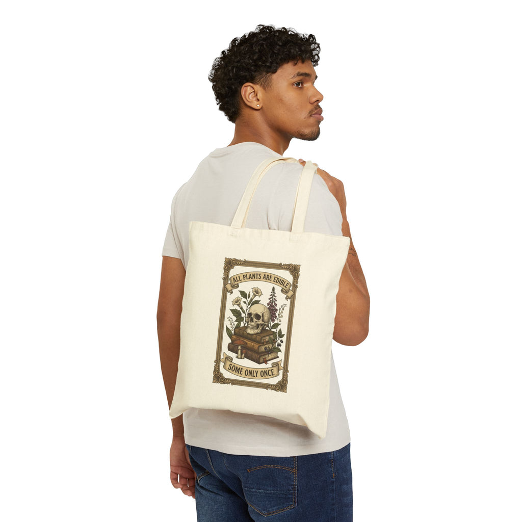 All Plants Are Edible Tote | Vintage Botanical Skull, Forager Mycology Humor