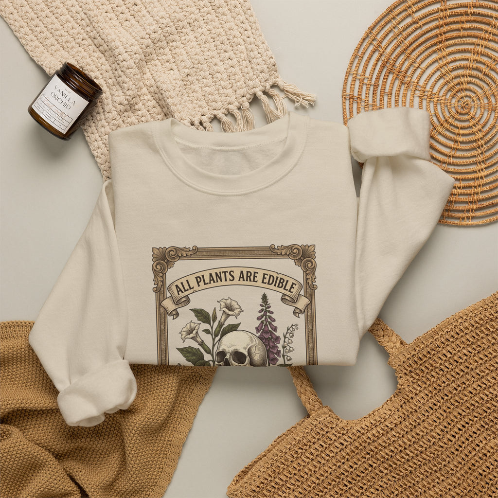 All Plants Are Edible Crewneck Sweatshirt | Vintage Botanical, Dark Nature Humor