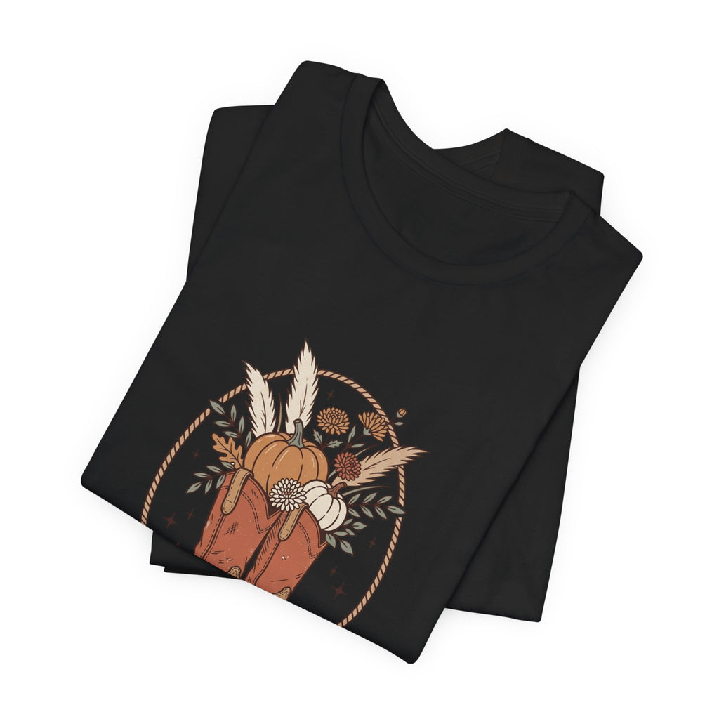 Boot Scootin' into Fall Tee | Pumpkin, Cowboy Boots, Fall Aesthetic