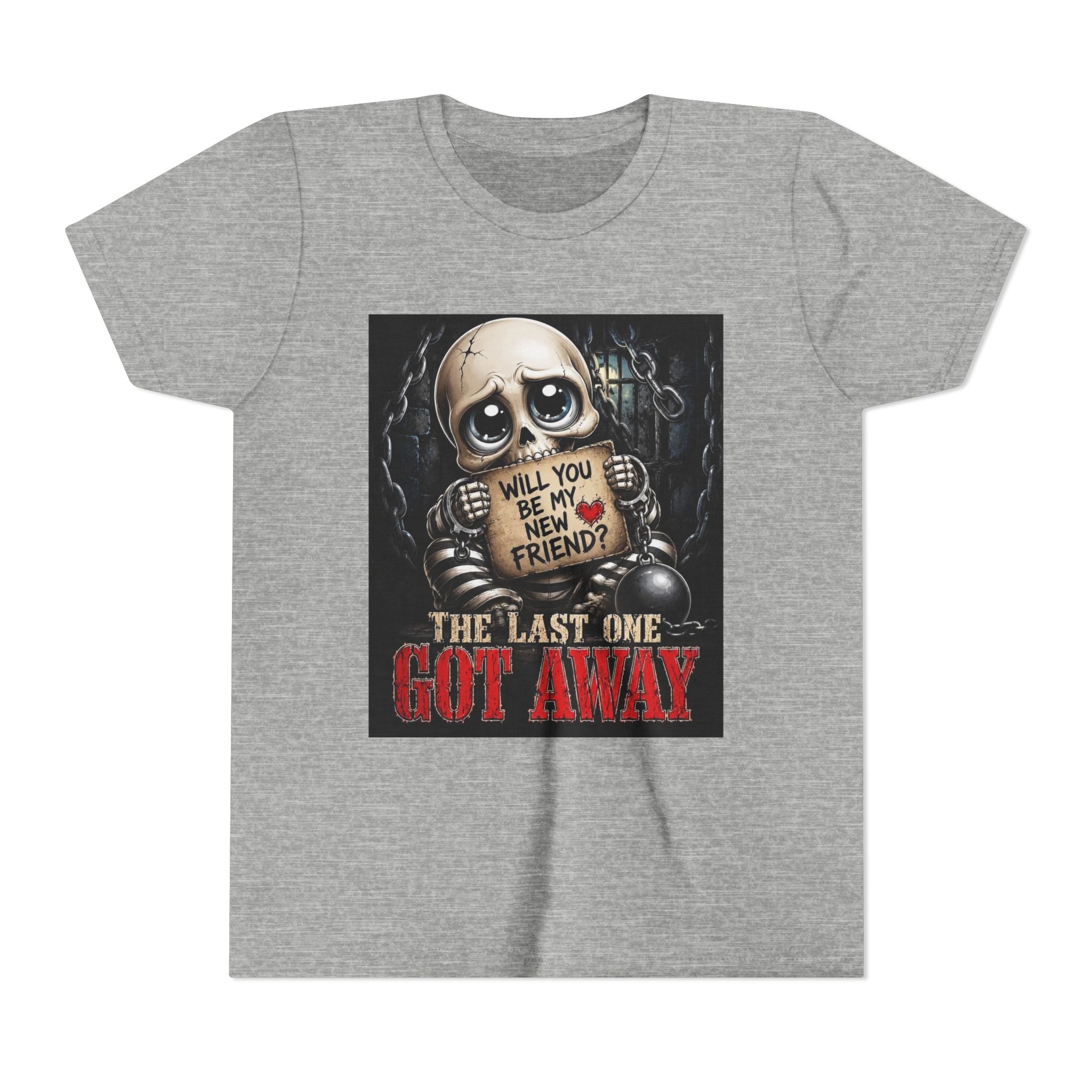 Youth Tee — Cute Creepy Skull 'Will You Be My New Friend? The Last One Got Away' Graphic