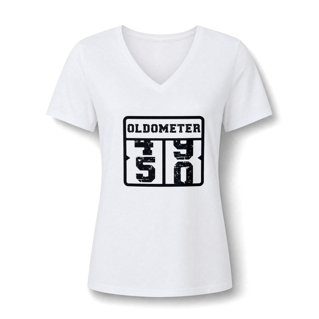 Oldometer 50 V-Neck Tee — Funny 50th Birthday Shirt for Women