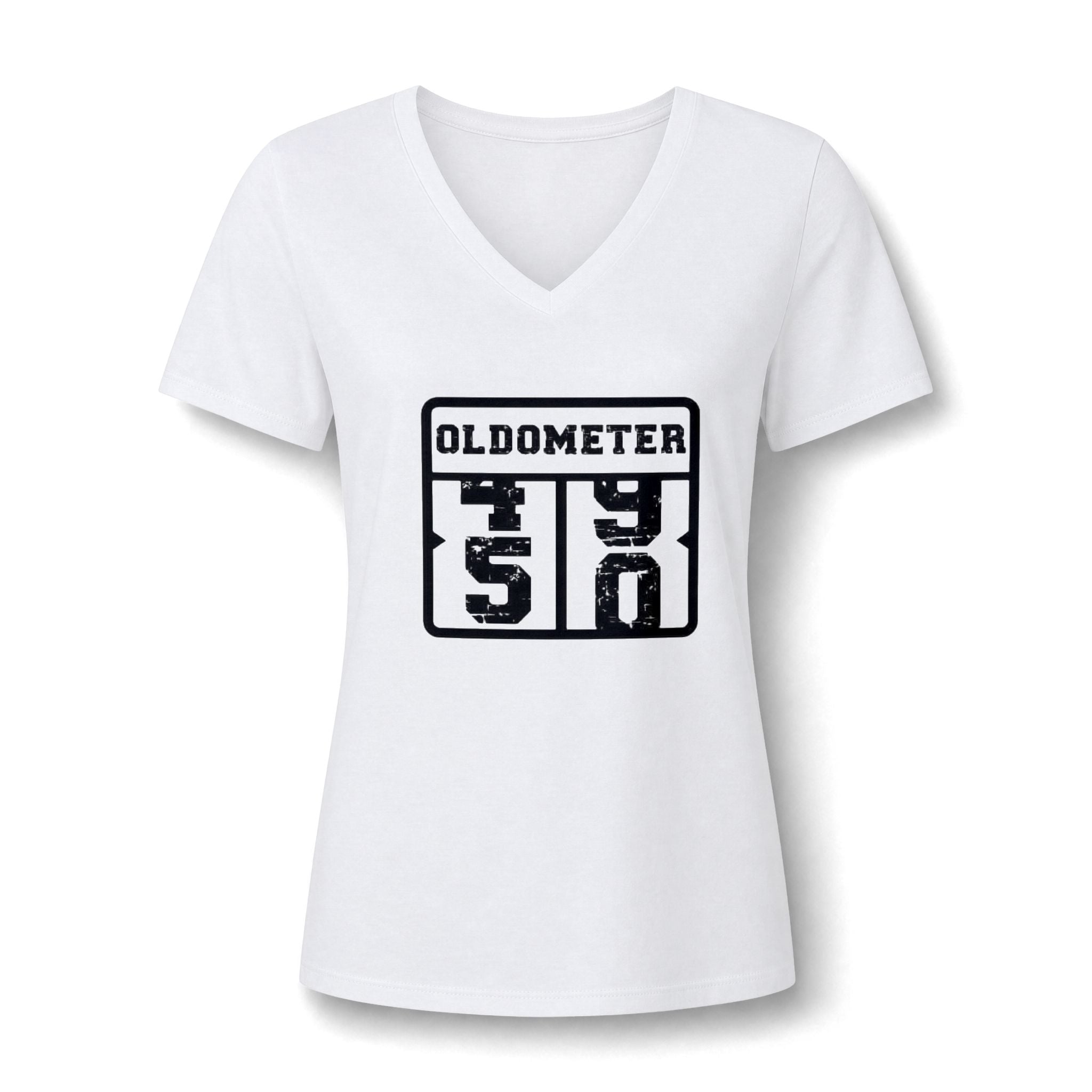 Oldometer 50 V-Neck Tee — Funny 50th Birthday Shirt for Women