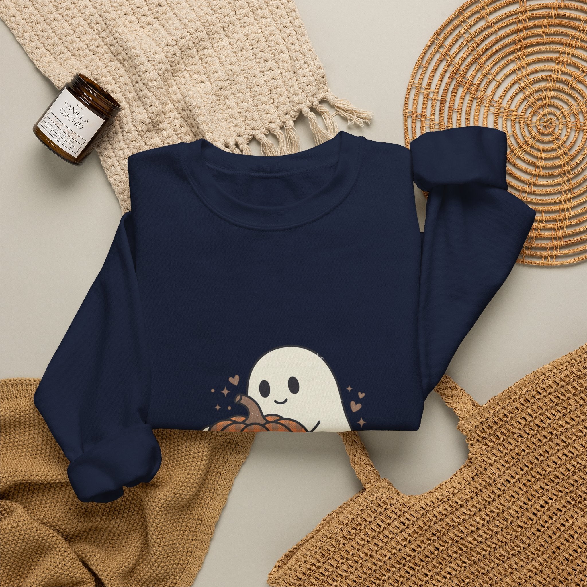 Cute Ghost Holding Pumpkin Sweatshirt | Pumpkin Halloween Fall Aesthetic