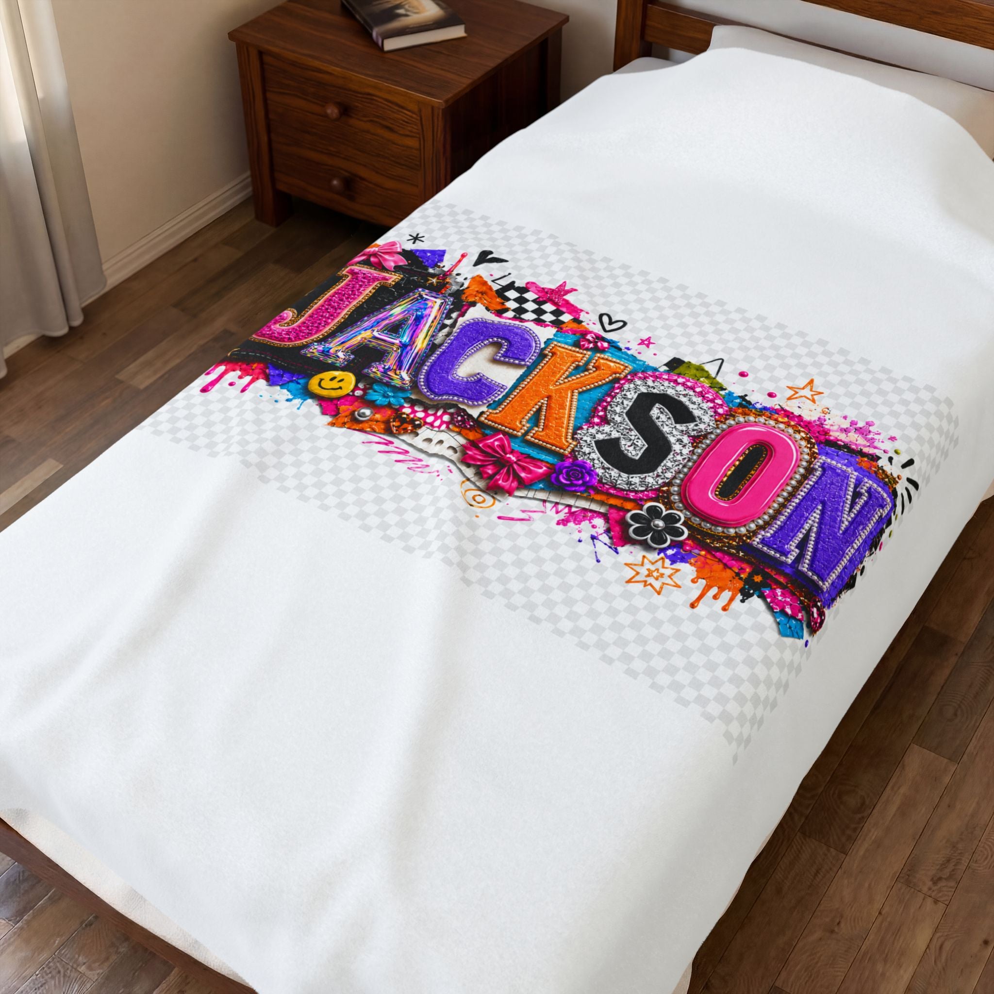 Personalized 'Jackson' Velveteen Plush Blanket — Colorful Graffiti Name Throw