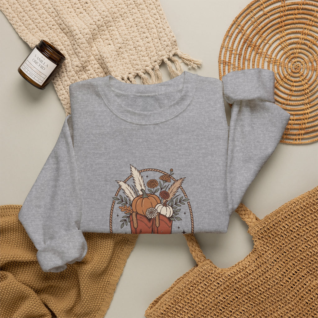 Boot Scootin' into Fall Pumpkin Crewneck Sweatshirt | Western Fall Aesthetic