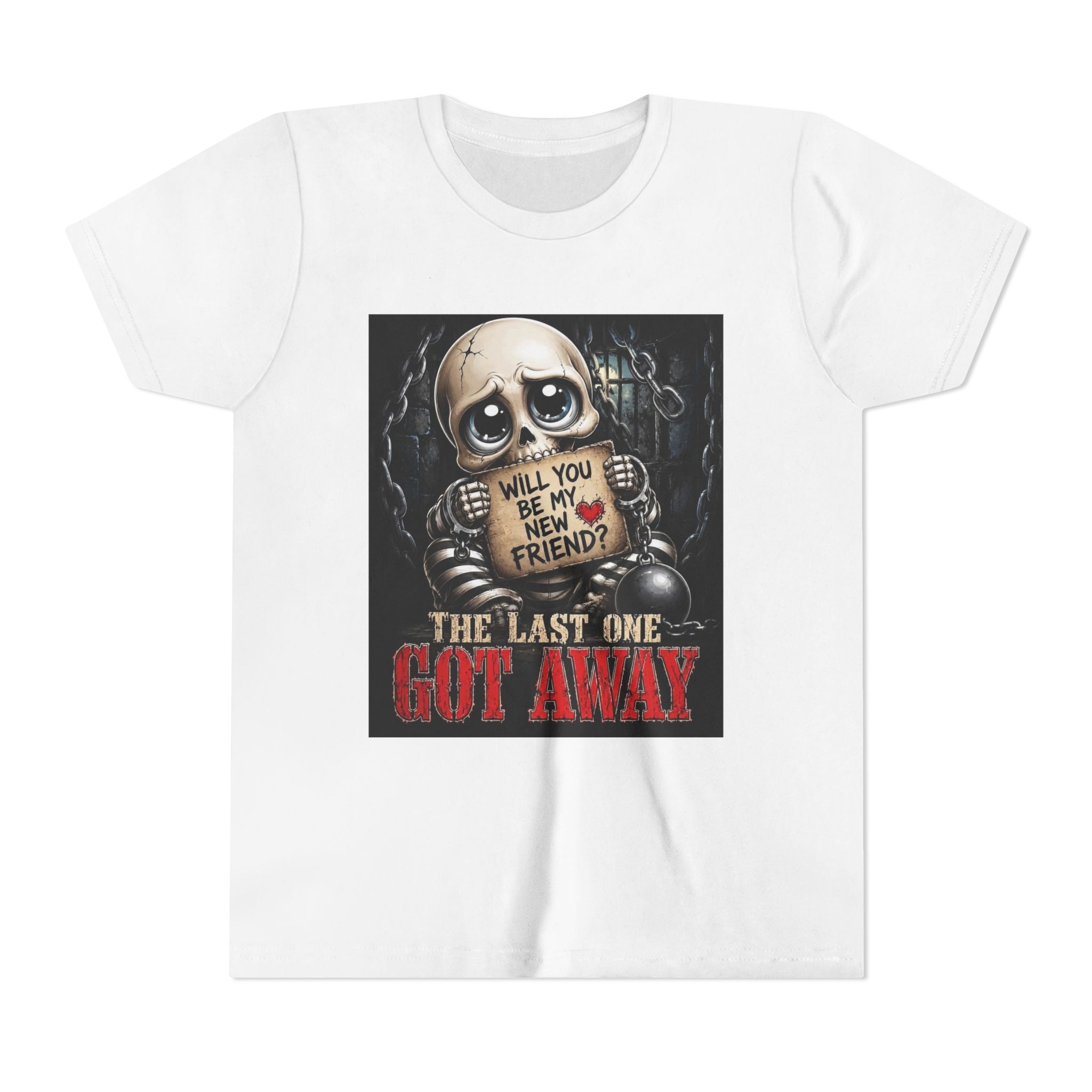 Youth Tee — Cute Creepy Skull 'Will You Be My New Friend? The Last One Got Away' Graphic