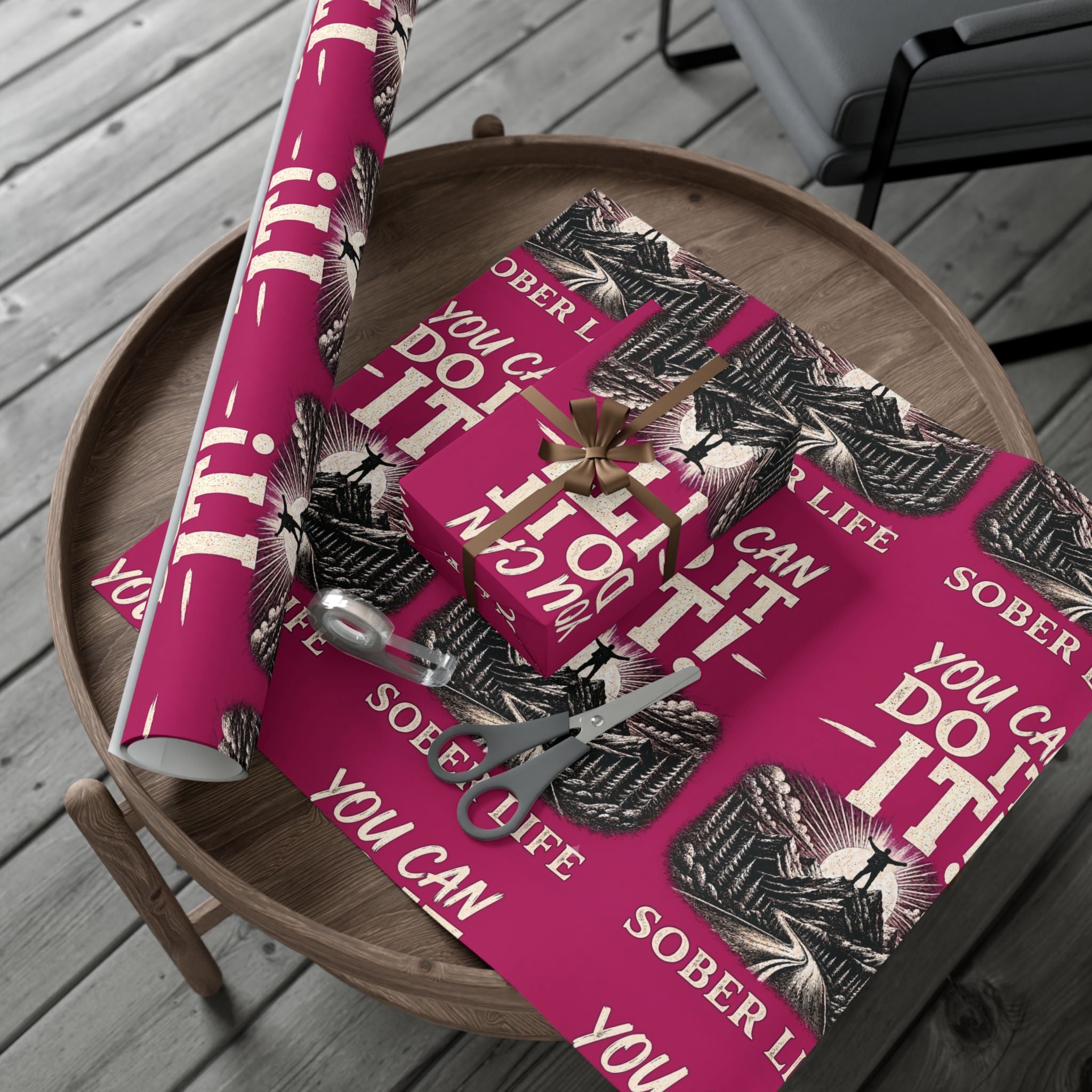 Gift Wrap Paper - Motivational 'You Can Do It!' Scenic Design (Bold Magenta)