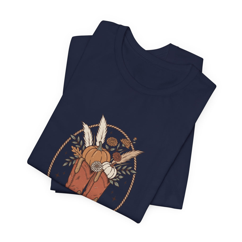 Boot Scootin' into Fall Tee | Pumpkin, Cowboy Boots, Fall Aesthetic