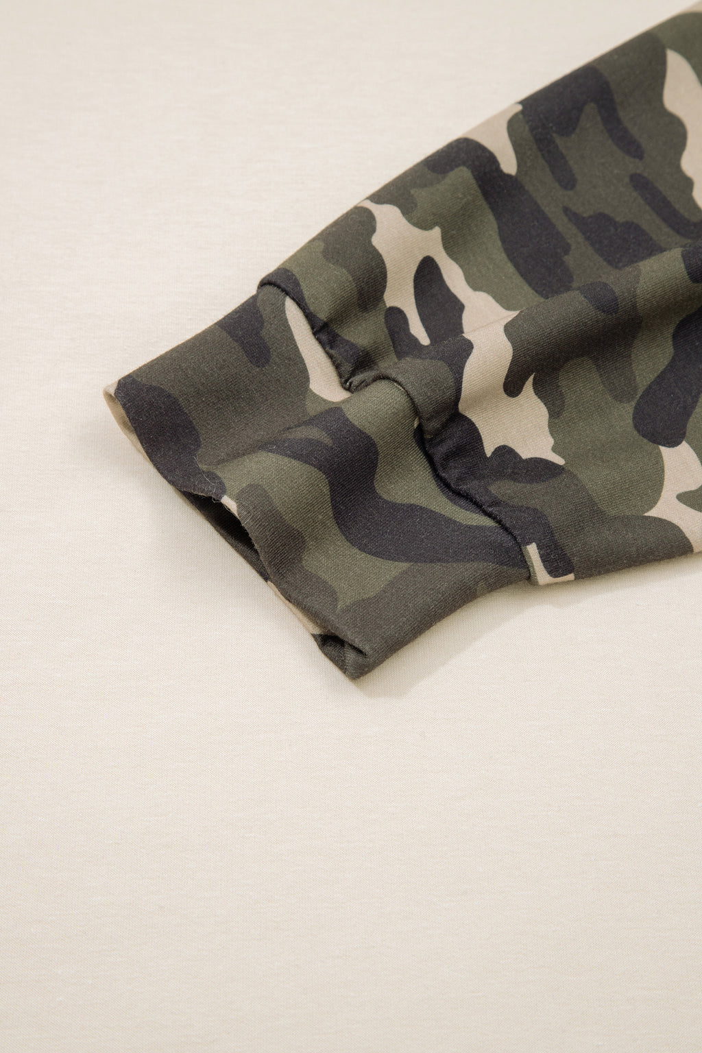 Apricot Camo Print Patchwork Sleeve Raw Hem Plus Size Sweatshirt