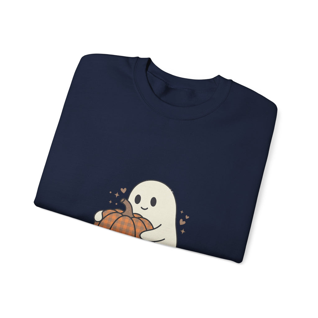 Cute Ghost Holding Pumpkin Sweatshirt | Pumpkin Halloween Fall Aesthetic