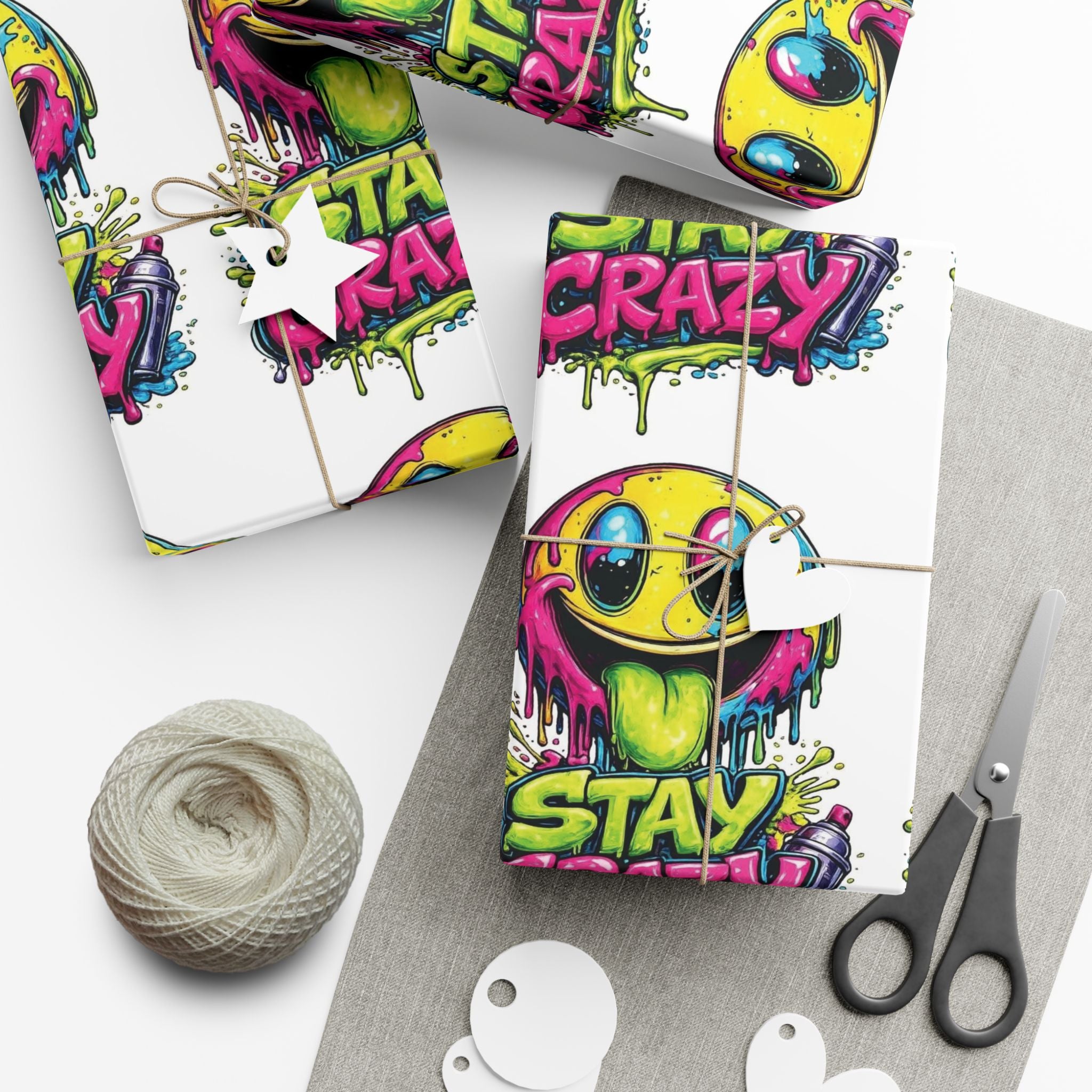 Gift Wrap Paper — 'Stay Crazy' Neon Smiley Graphic Wrap