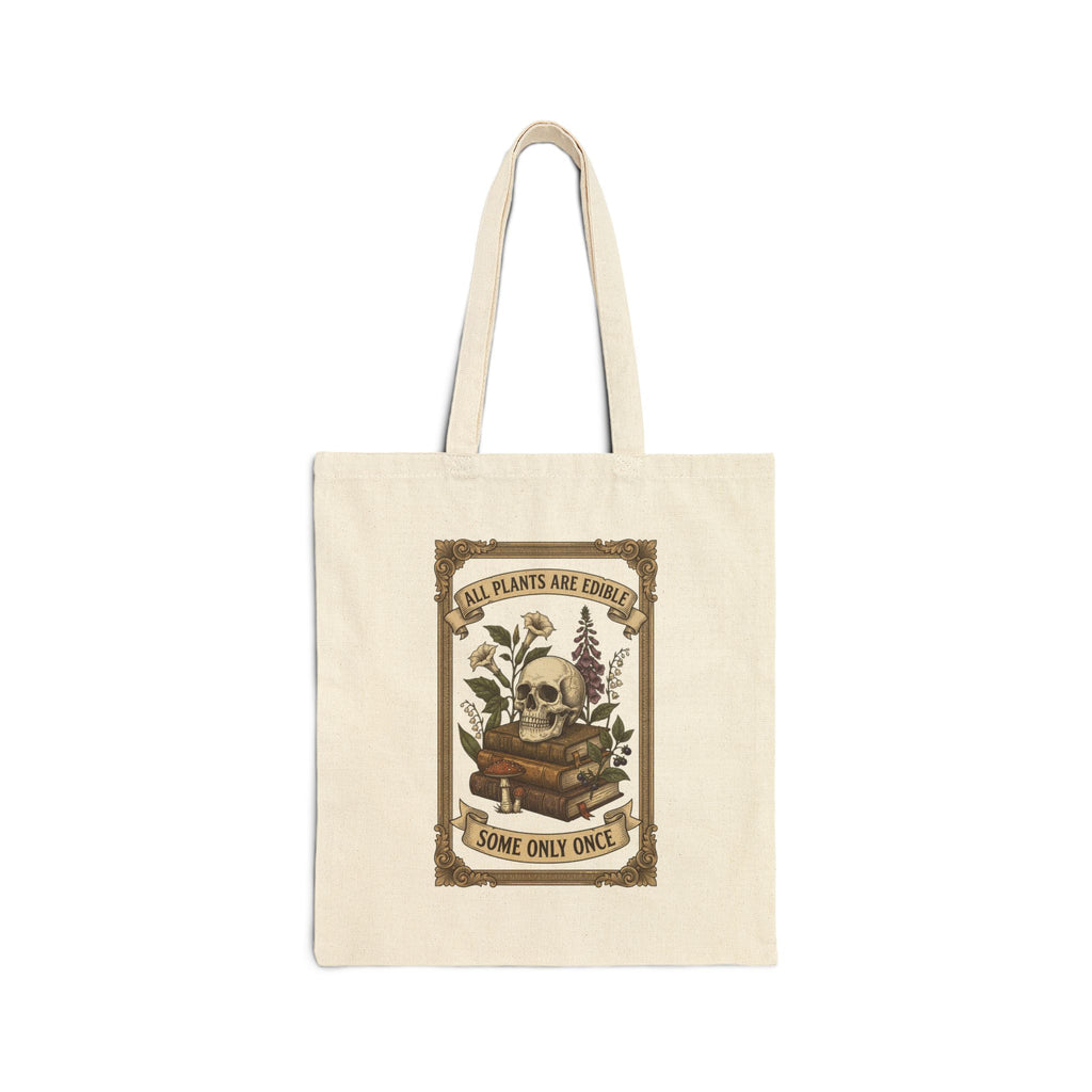 All Plants Are Edible Tote | Vintage Botanical Skull, Forager Mycology Humor