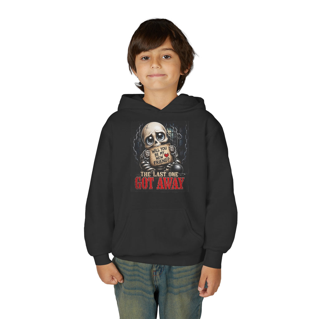 Youth Hoodie — Creepy Skeleton 'Will You Be My Friend?' Horror Graphic