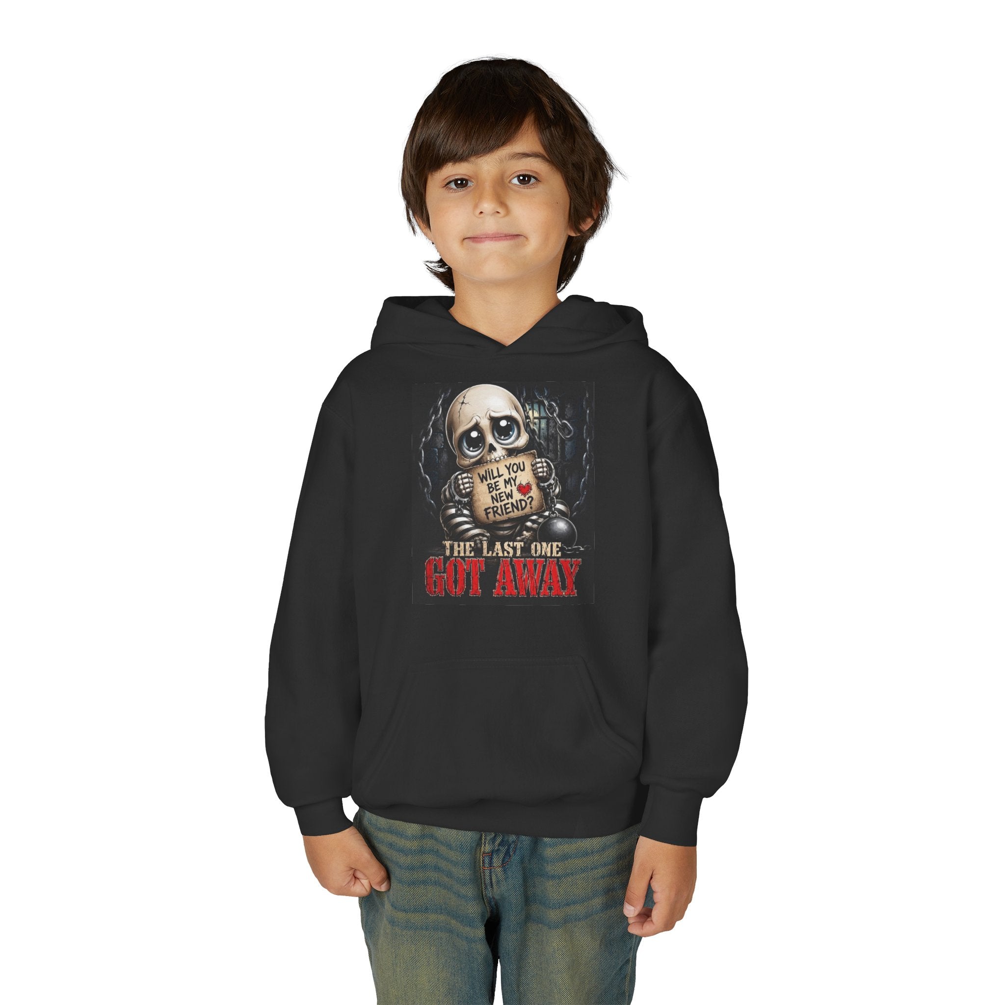 Youth Hoodie — Creepy Skeleton 'Will You Be My Friend?' Horror Graphic