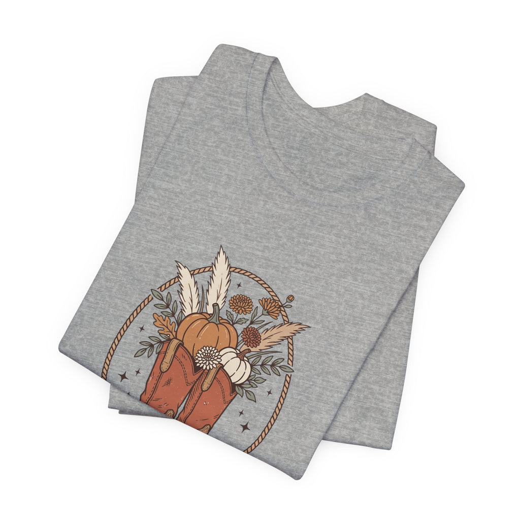 Boot Scootin' into Fall Tee | Pumpkin, Cowboy Boots, Fall Aesthetic