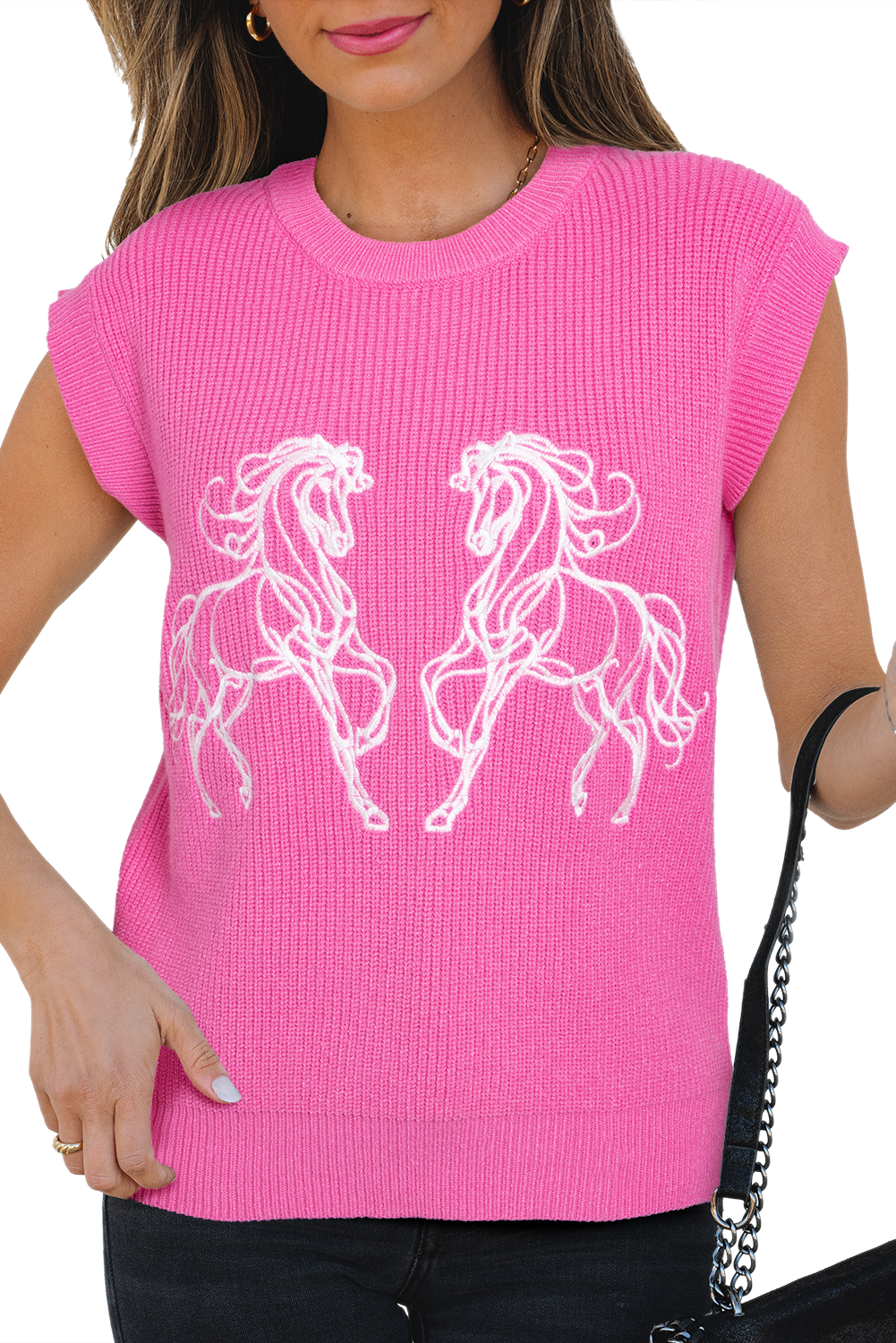 Bright Pink Western Horse Embroidered Round Neck Sweater Tee
