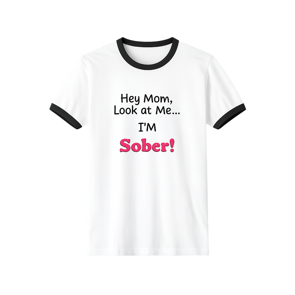 Sober Recovery Ringer Tee — "Hey Mom, Look at Me... I'm Sober!"