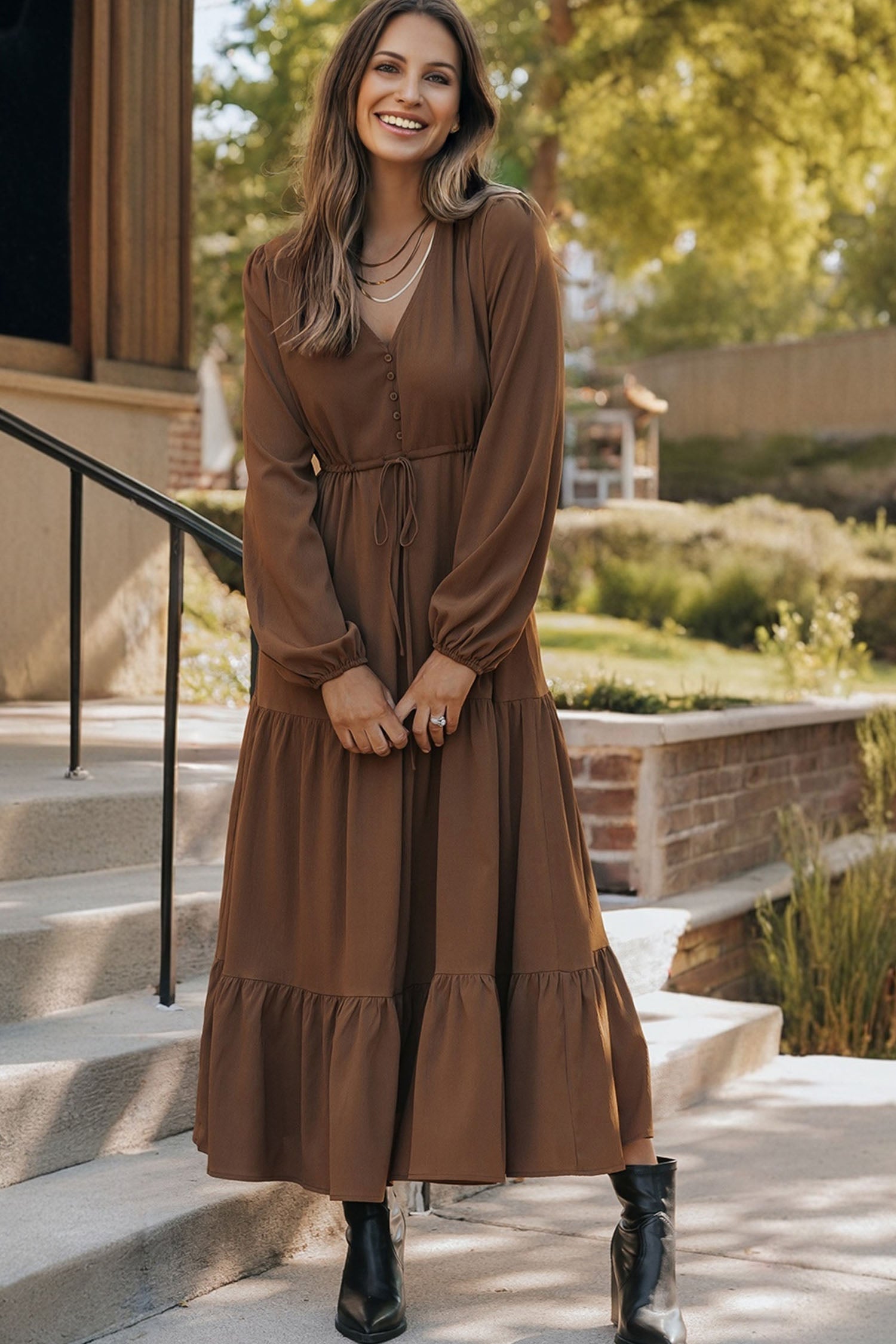 Burgundy Solid Long Sleeve Button V Neck Tiered Maxi Dress