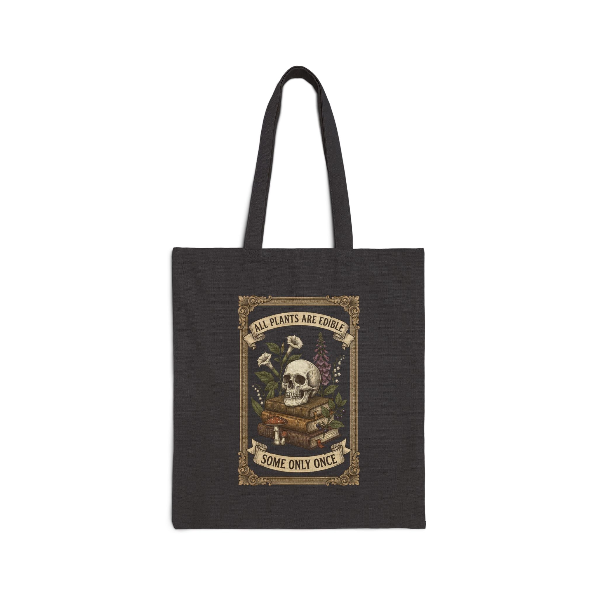All Plants Are Edible Tote | Vintage Botanical Skull, Forager Mycology Humor