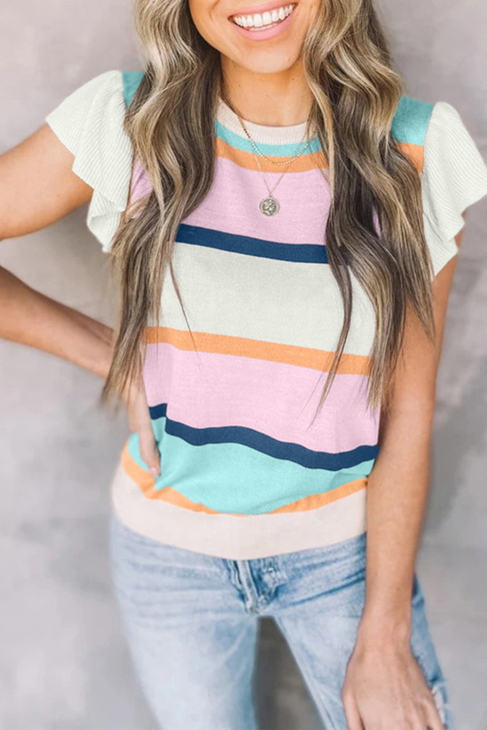 Multicolour Striped Color Block Flutter Sleeve Patchwork Sweater Top