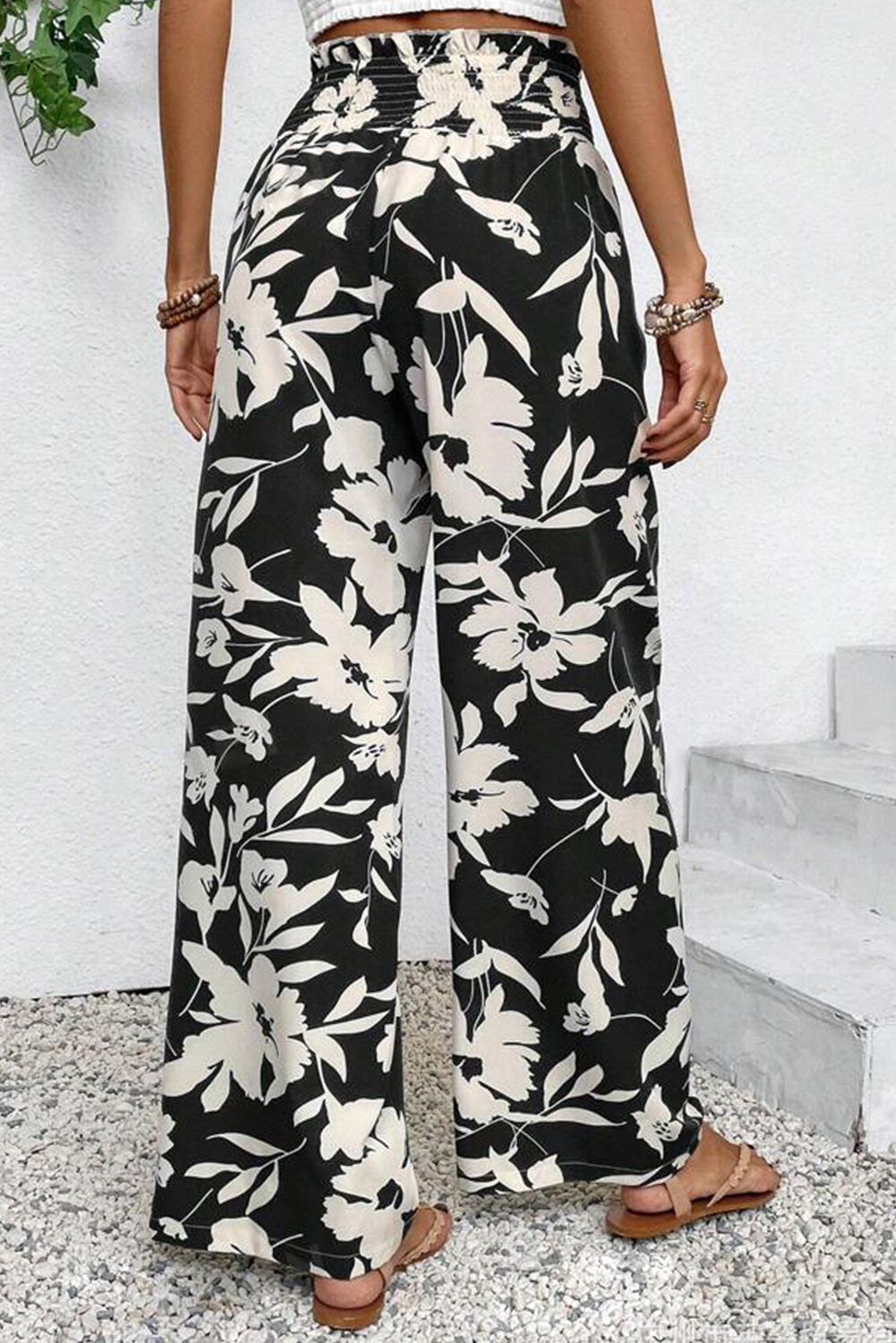 Khaki Floral Print Smocked High Waist Wide Leg Pants