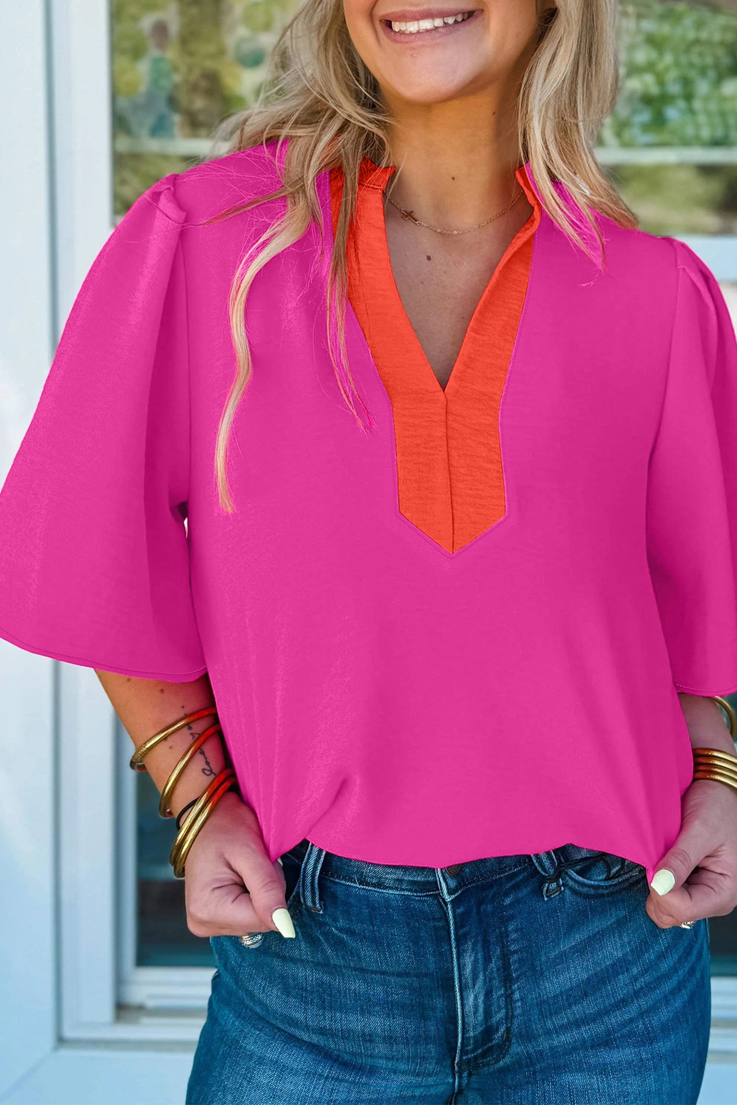 Rose Red Contrast V Neck Colorblock Wide Short Sleeve Top