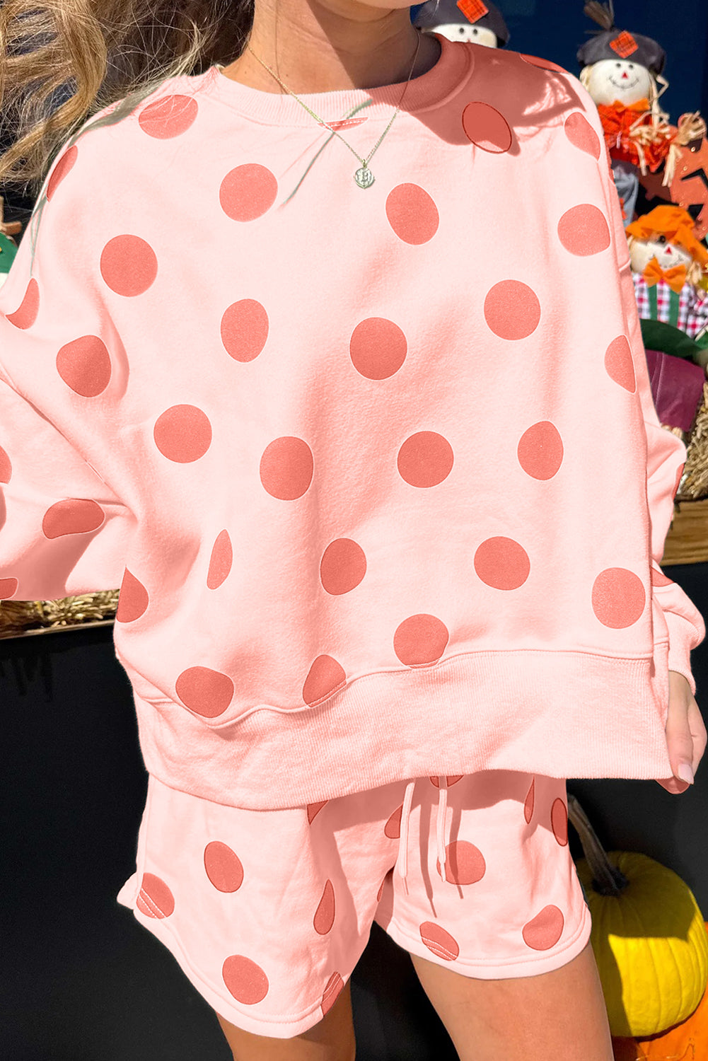 Beige Polka Dot Print Drop Shoulder Pullover Drawstring Shorts Set