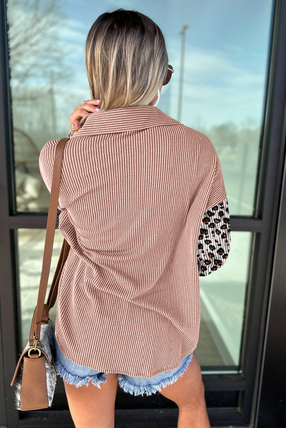 Dark Khaki Leopard Patched Twisted Ribbed Western Casual Shacket