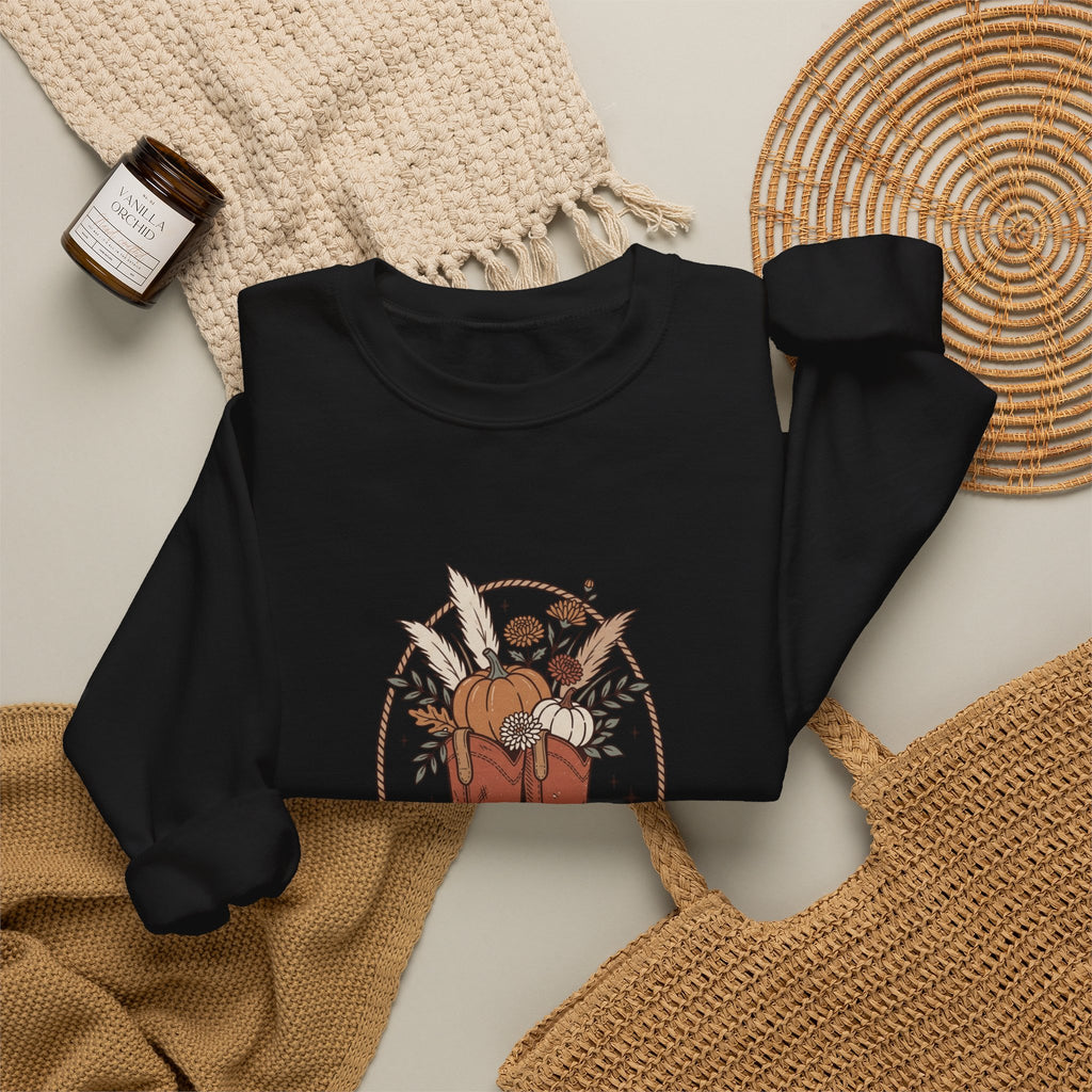 Boot Scootin' into Fall Pumpkin Crewneck Sweatshirt | Western Fall Aesthetic