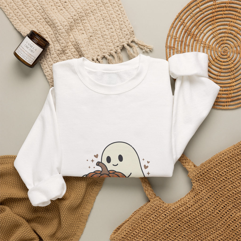 Cute Ghost Holding Pumpkin Sweatshirt | Pumpkin Halloween Fall Aesthetic