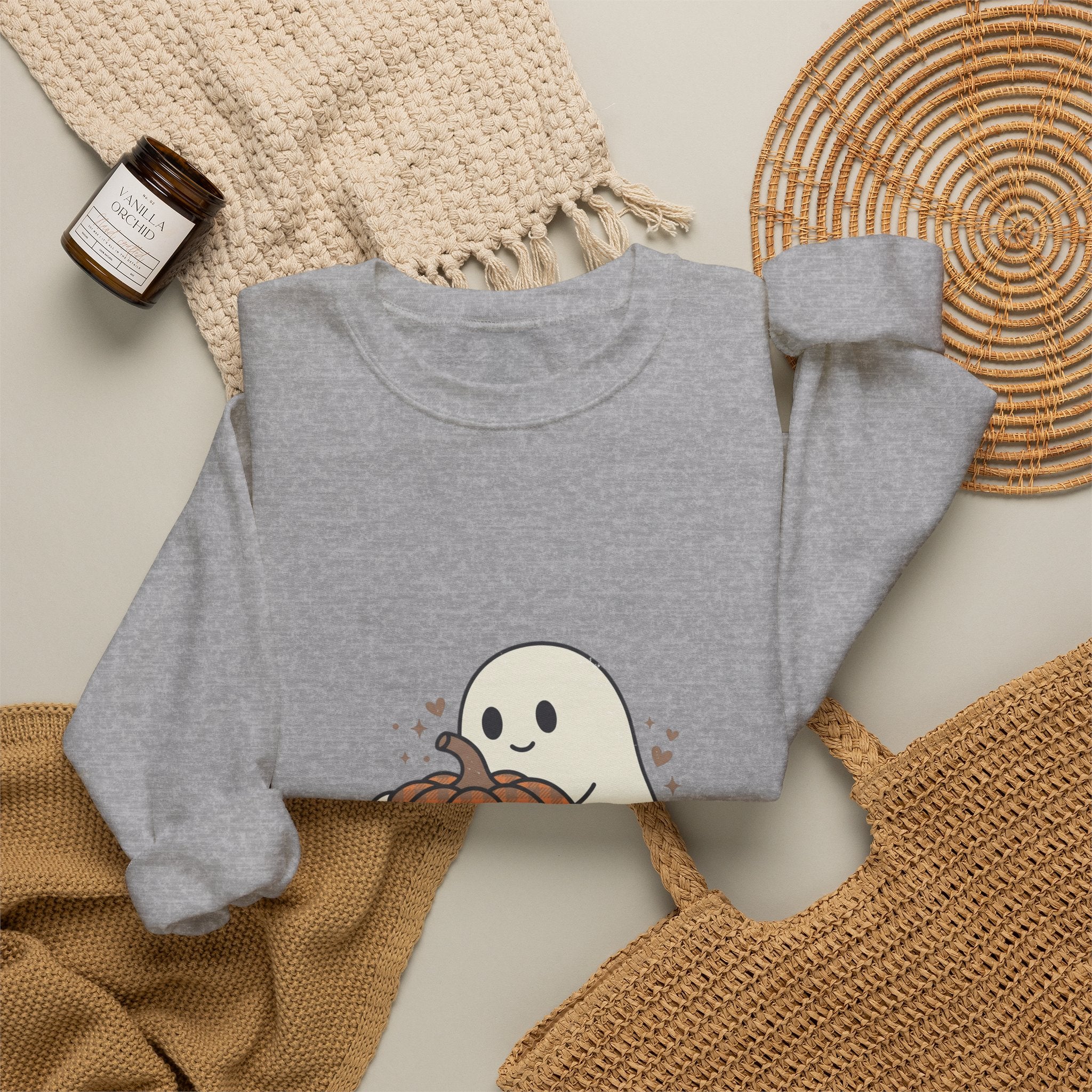 Cute Ghost Holding Pumpkin Sweatshirt | Pumpkin Halloween Fall Aesthetic