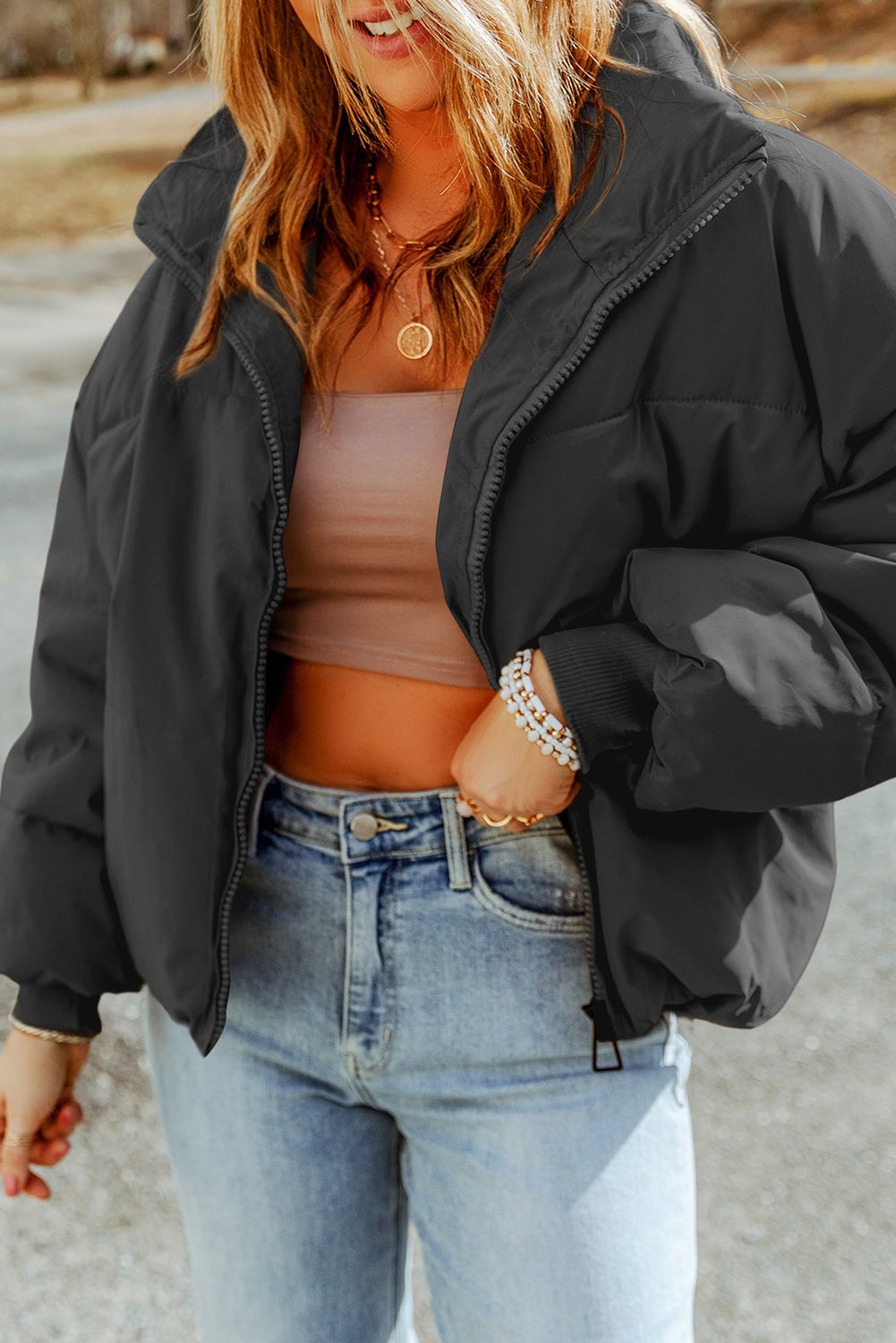 Black Zip Up Pocketed Puffer Jacket