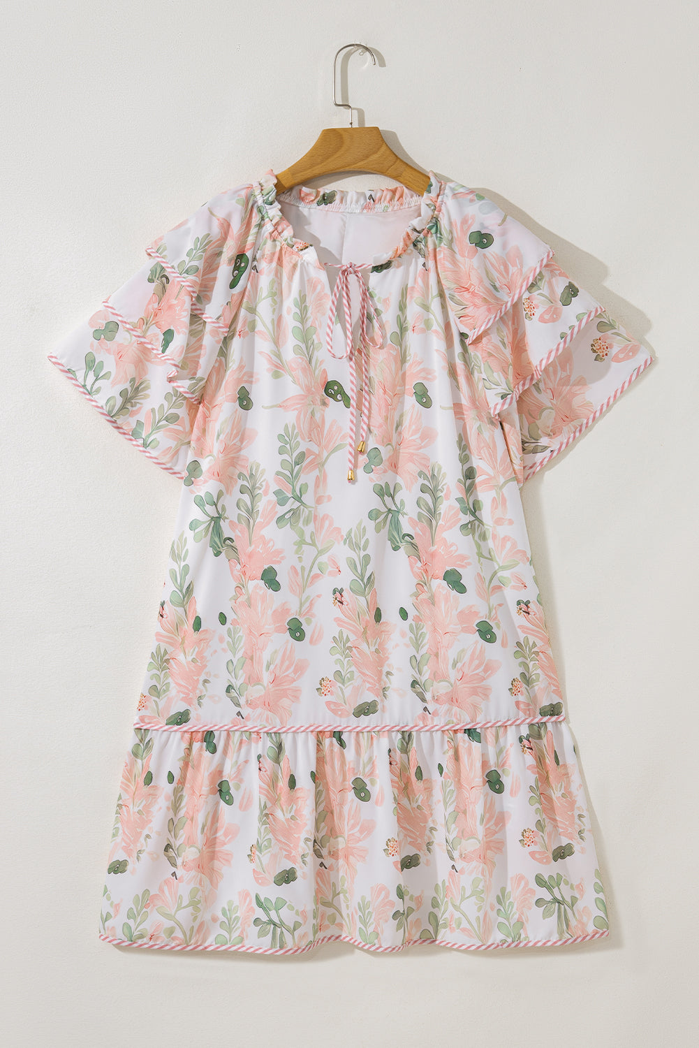 Pink Plus Size Floral Print Striped Detail Short Summer Dress