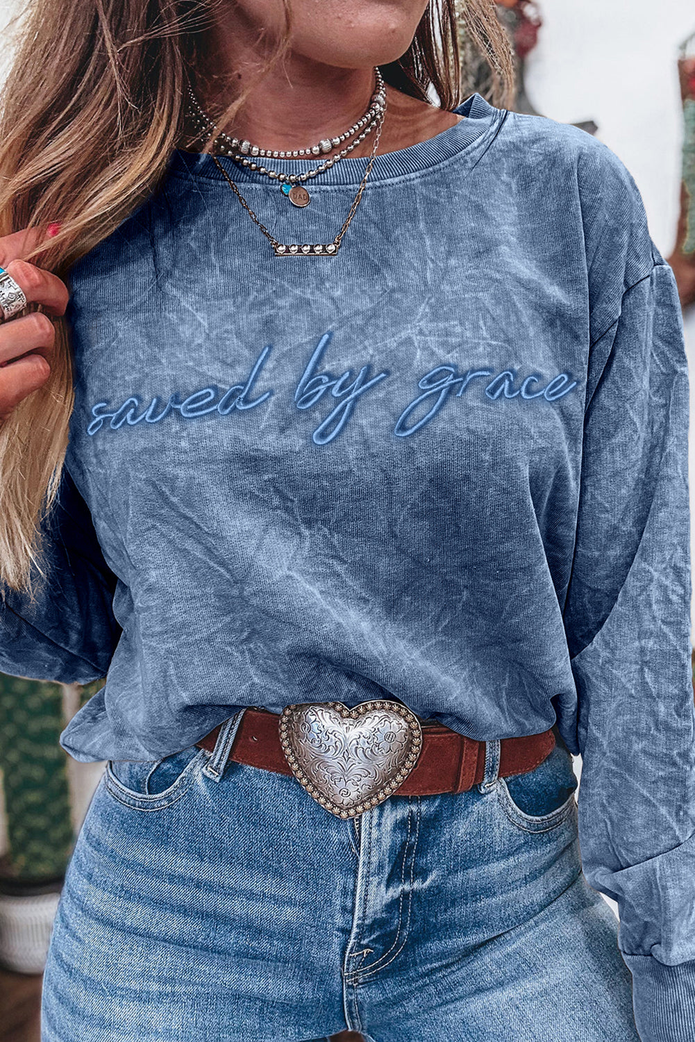DUNE saved by grace Letter Embroidery Mineral Wash Loose Sweatshirt