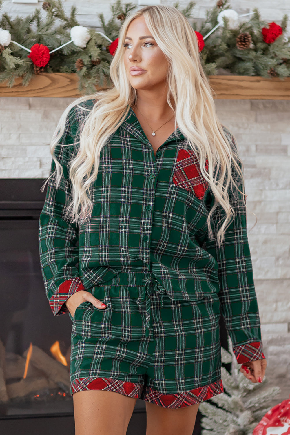 Green Plaid Contrast Patched Christmas Holiday Long Sleeve Shirt and Short 2pcs Pajama Set