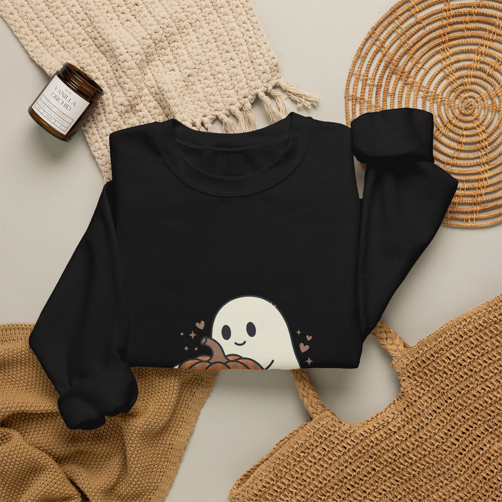 Cute Ghost Holding Pumpkin Sweatshirt | Pumpkin Halloween Fall Aesthetic