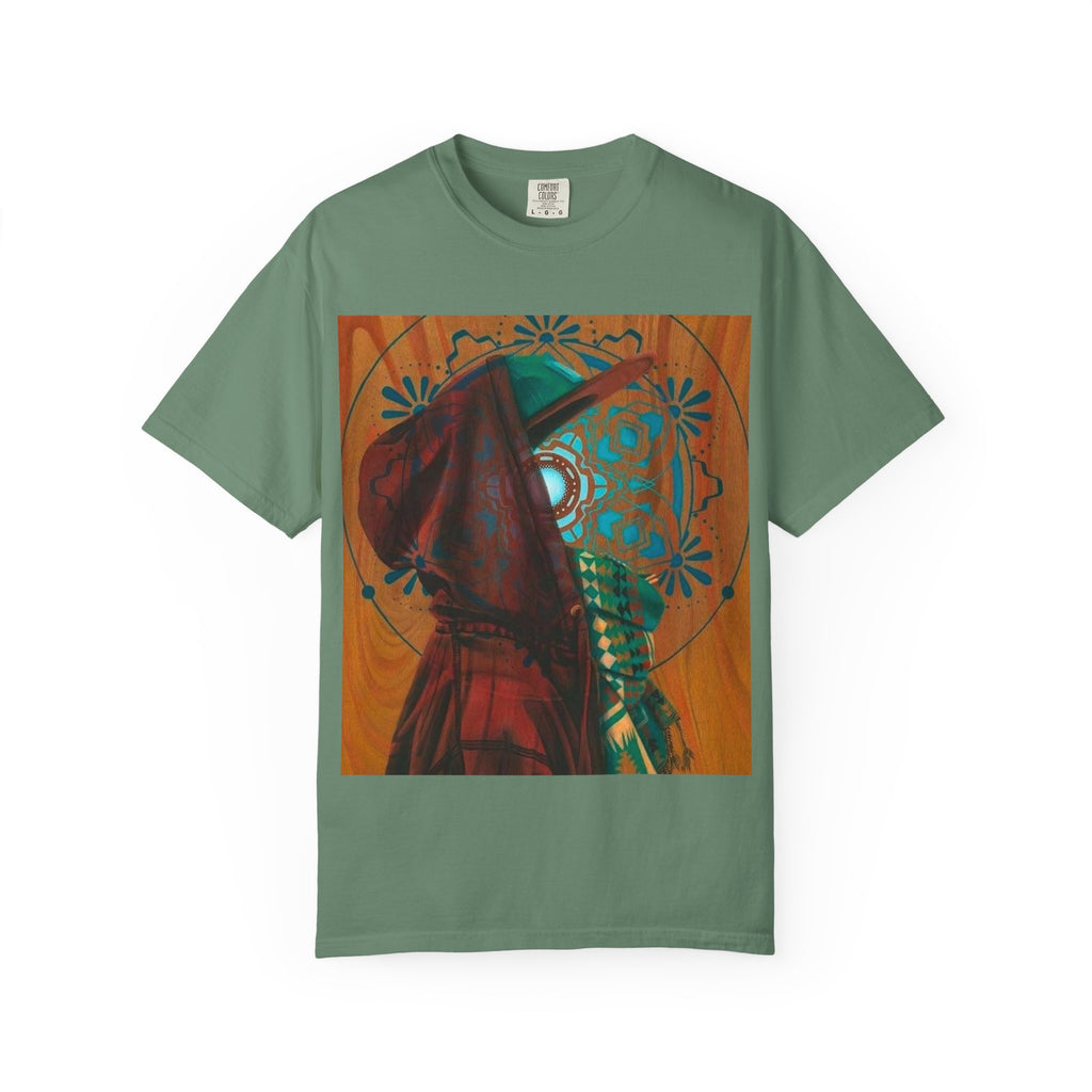 Mystic Hooded Figure Graphic T-Shirt — Boho Spiritual Art Tee