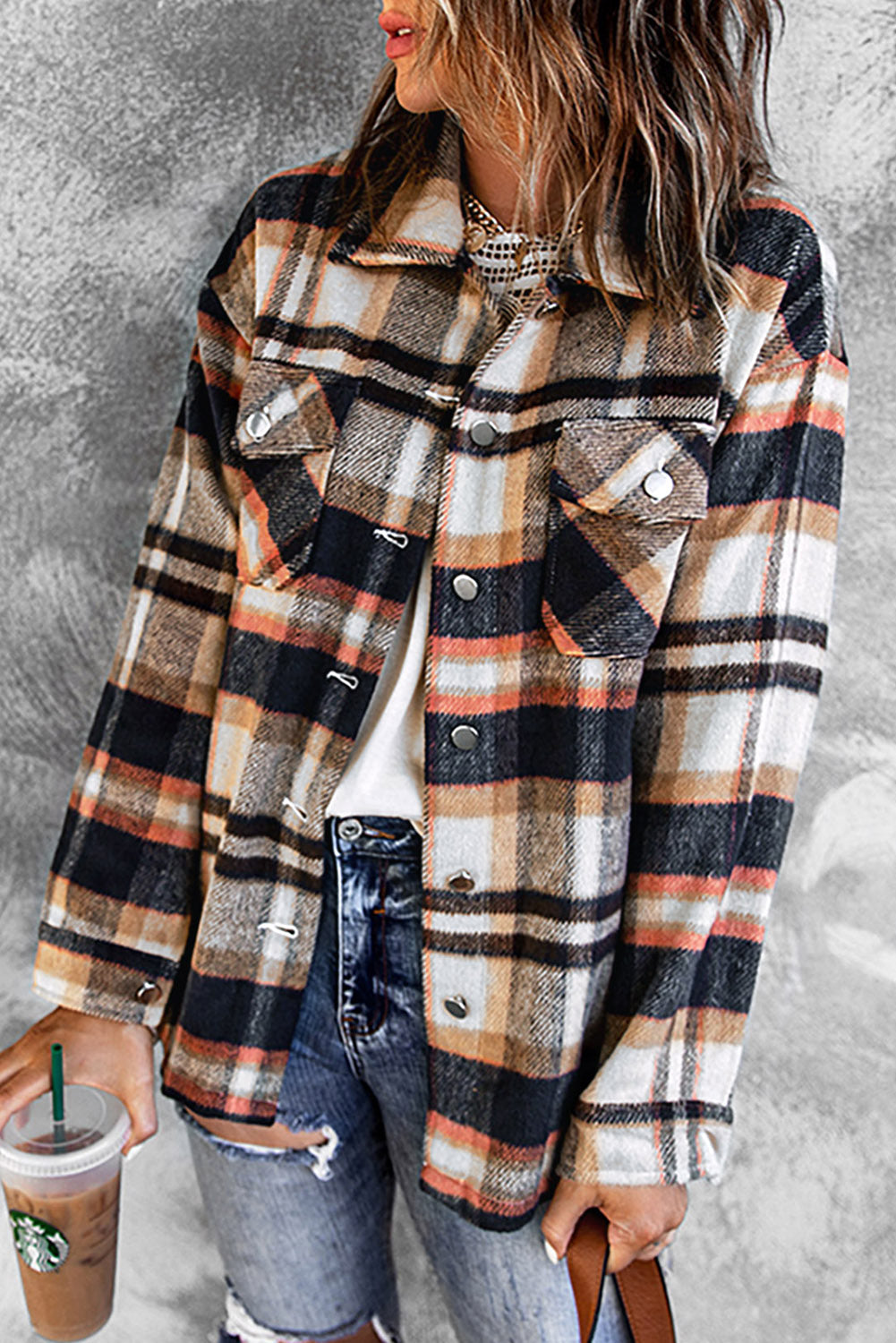 Khaki Geometric Plaid Print Pocketed Shacket
