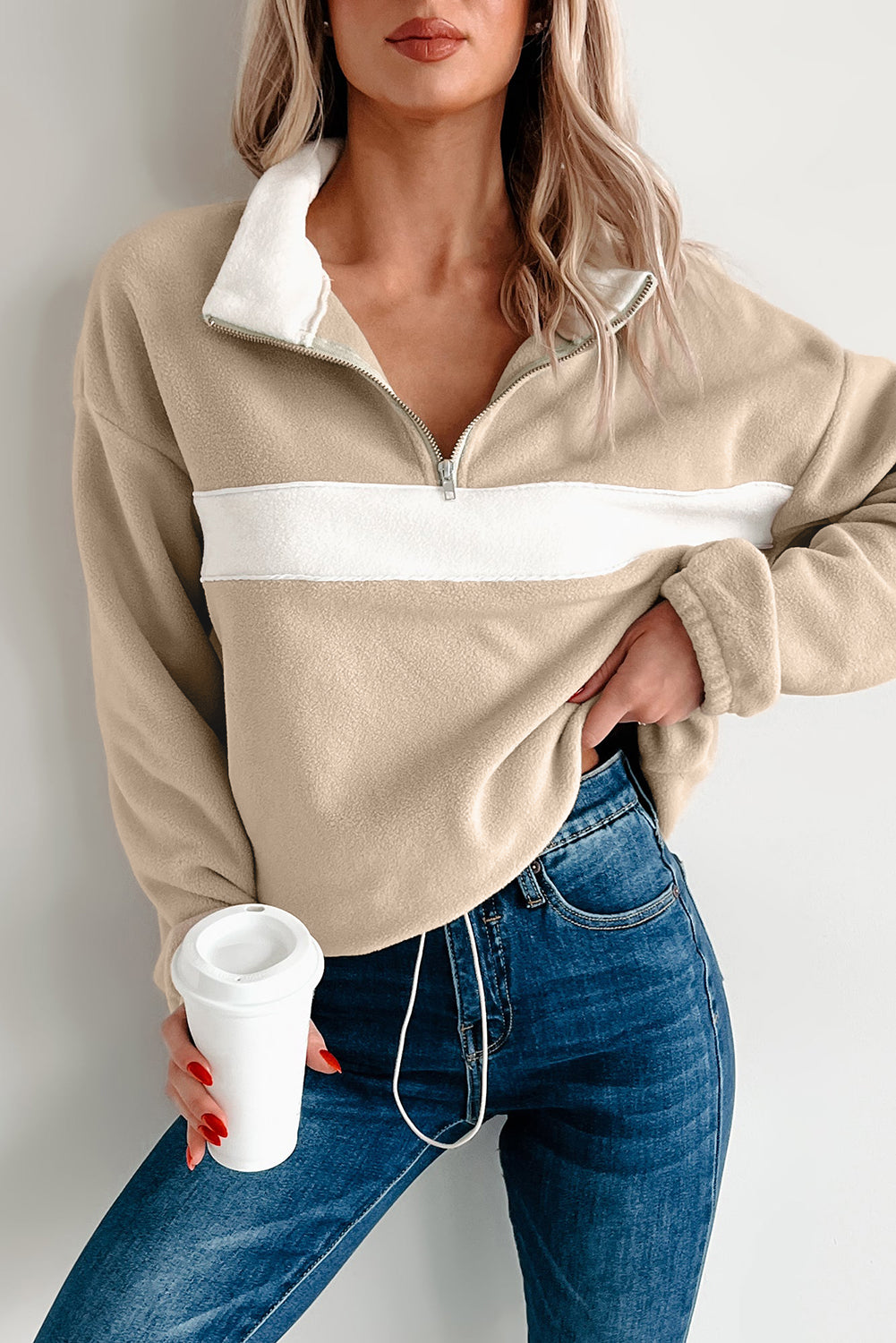 Parchment Fleece Colorblock Patchwork Zipped Neck Pullover Sweatshirt