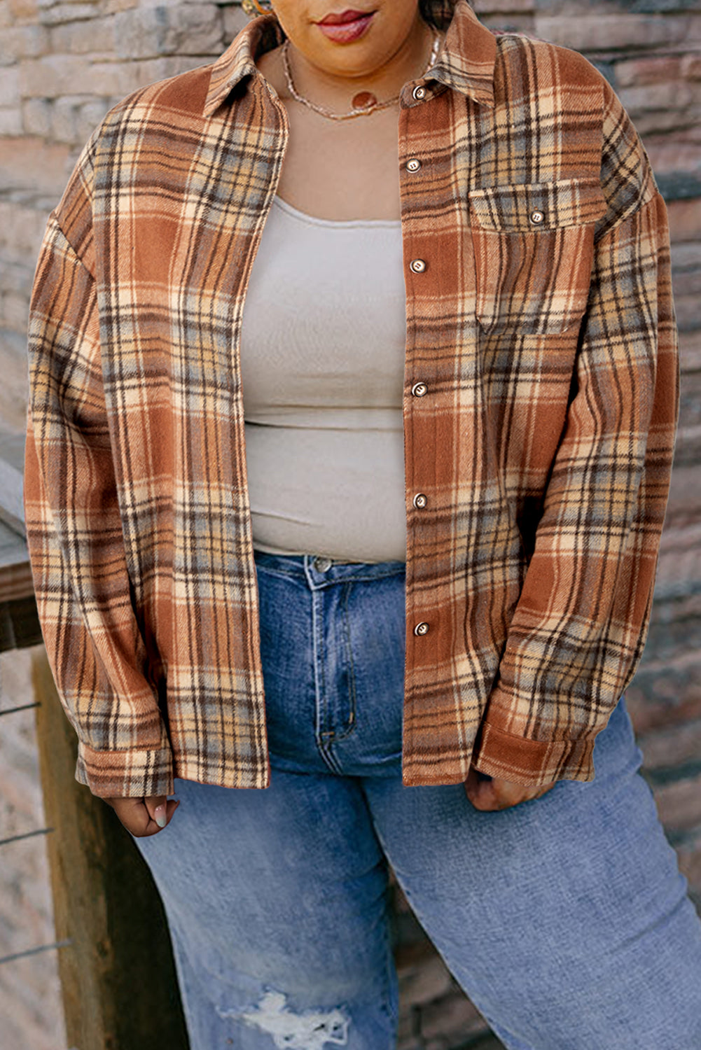 Brown Plaid Print Flap Pocket Buttoned Plus Size Shacket